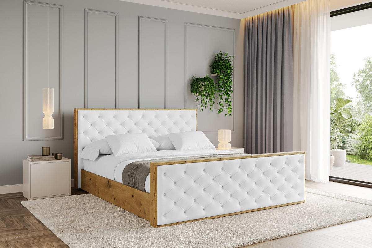 POLSTERBETT mit Bettkasten, Fußteil und Lattenrost, Boxbett ohne Matratze - ENZO3-Z 120x200 Weiß Kunstleder - Weiß Hochglanz, Holzwerkstoff/Textil (120/200cm) - ALTDECOR