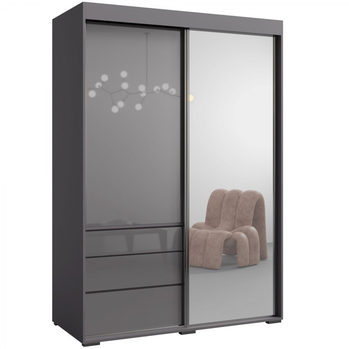 SCHIEBETÜRENSCHRANK mit Schubladen und Spiegel Torino 2D1L 140 Grau (Lacobel) - Silberfarben/Grau, Holzwerkstoff/Metall (140/204/65cm) - mzm24