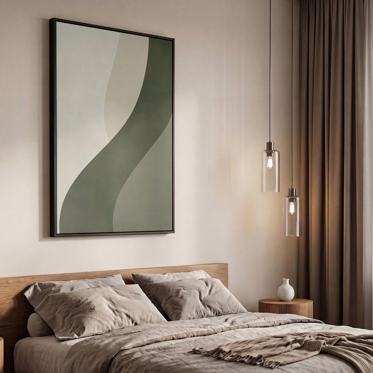 LEINWAND Bilder mit Rahmen - Japandi - Grün - Abstrakt - Modern - 60x90 - Salbeigrün, Textil (60/90cm) - MuchoWow