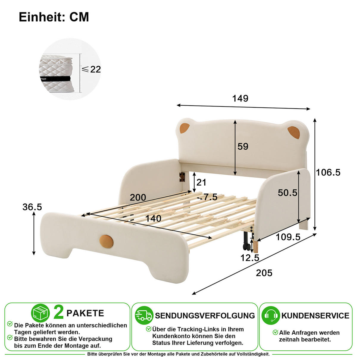 POLSTERBETT 140/200 cm & 140/105 cm in Beige Samt mit Ausziehbett - Beige, Holz/Textil (140/200cm) - CHICFURN