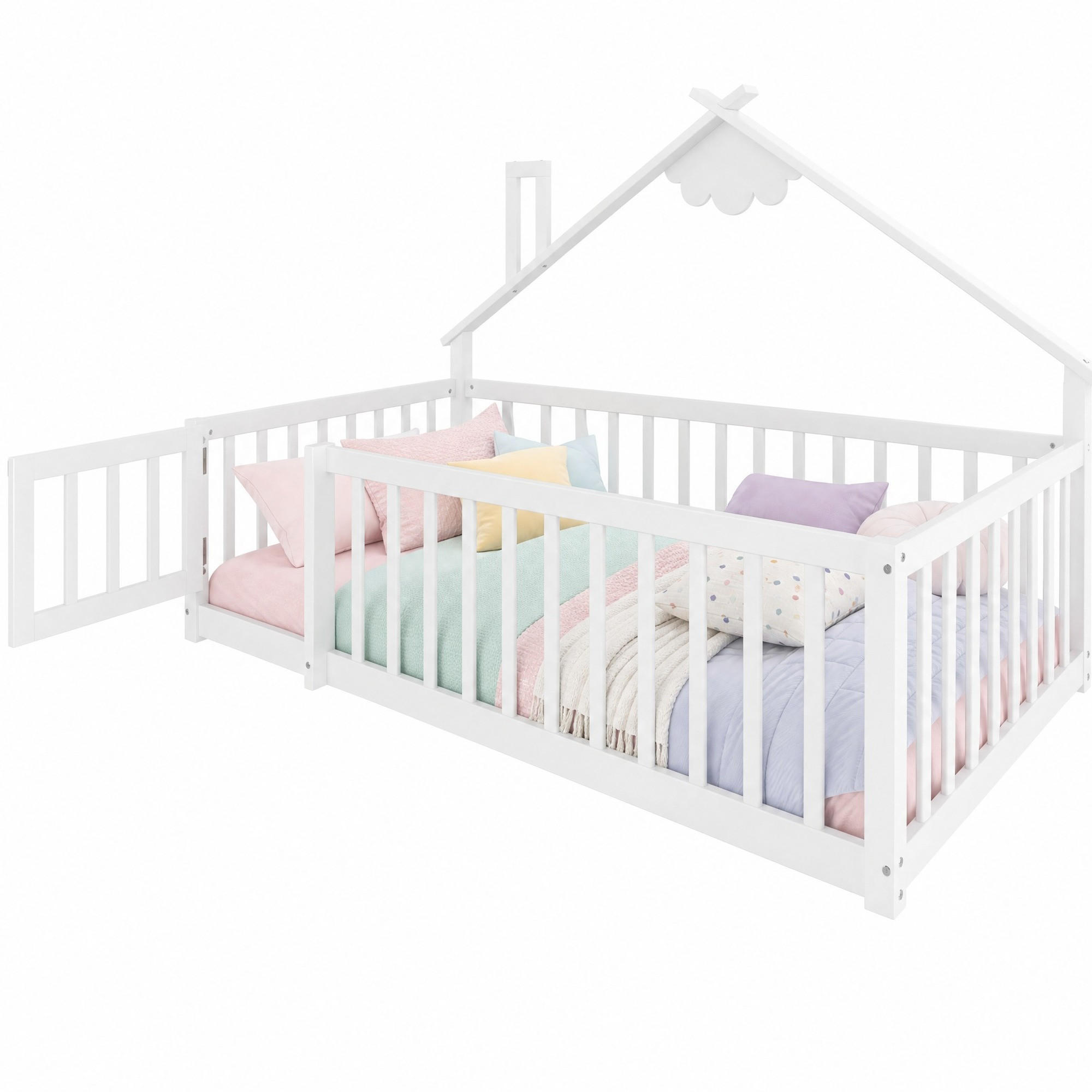 KINDERBETT 90/190 mit Hausdesign, Geländer und Lattenrost in Weiß - Weiß, Holzwerkstoff (90/190cm) - EVRYAE