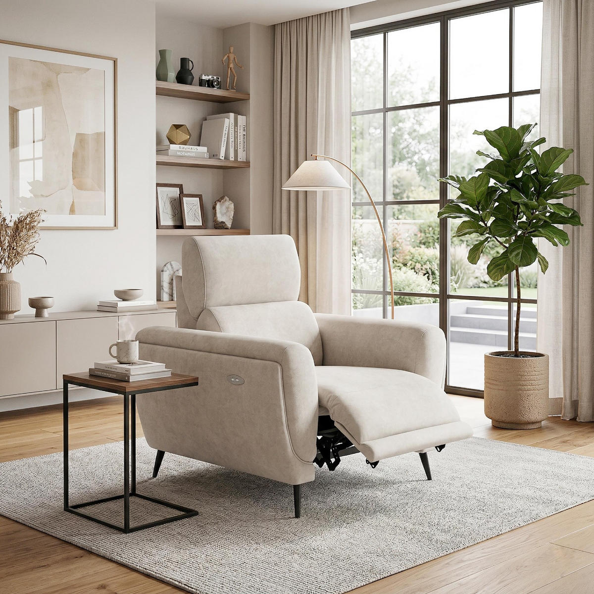 RELAXSESSEL Comfort, mit elektrischer Verstellung und verstellbarer Kopfstütze, Beige - Beige/Schwarz, Textil (103/97/102cm) - Beautysofa