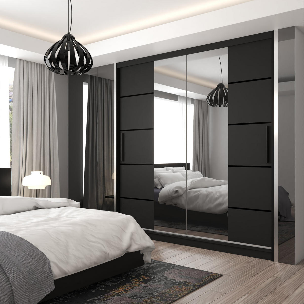 SCHWEBETÜRENSCHRANK Verona ME, Schwarz Matt, 200 cm, mit Spiegel & Schubladen - Schwarz, Holz (200/216/60cm) - B BELINI GROUP