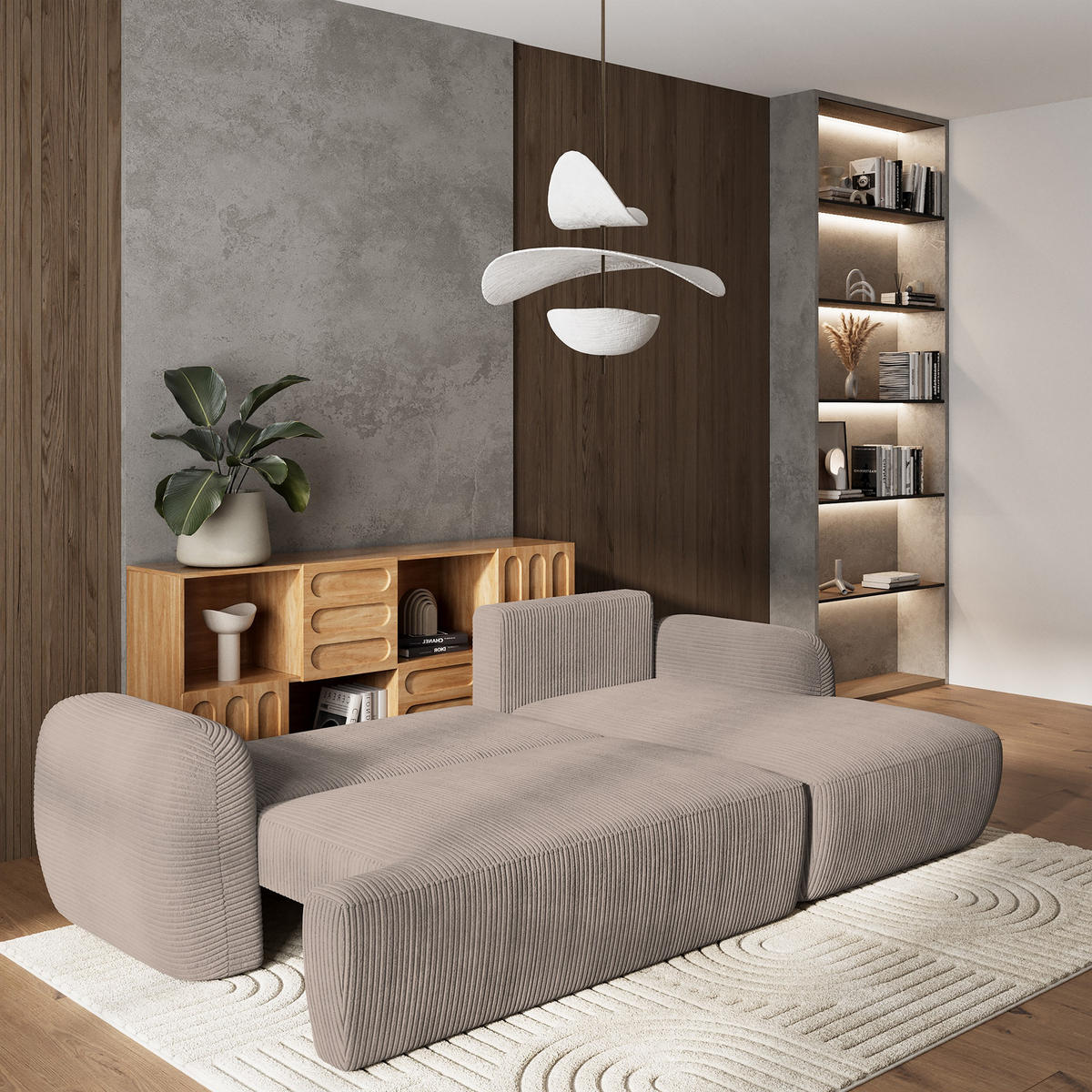 ECKSOFA MODENZA P R-S Beige Kordstoff mit Schlaffunktion - Beige, Holz (266/148cm) - MASSENO
