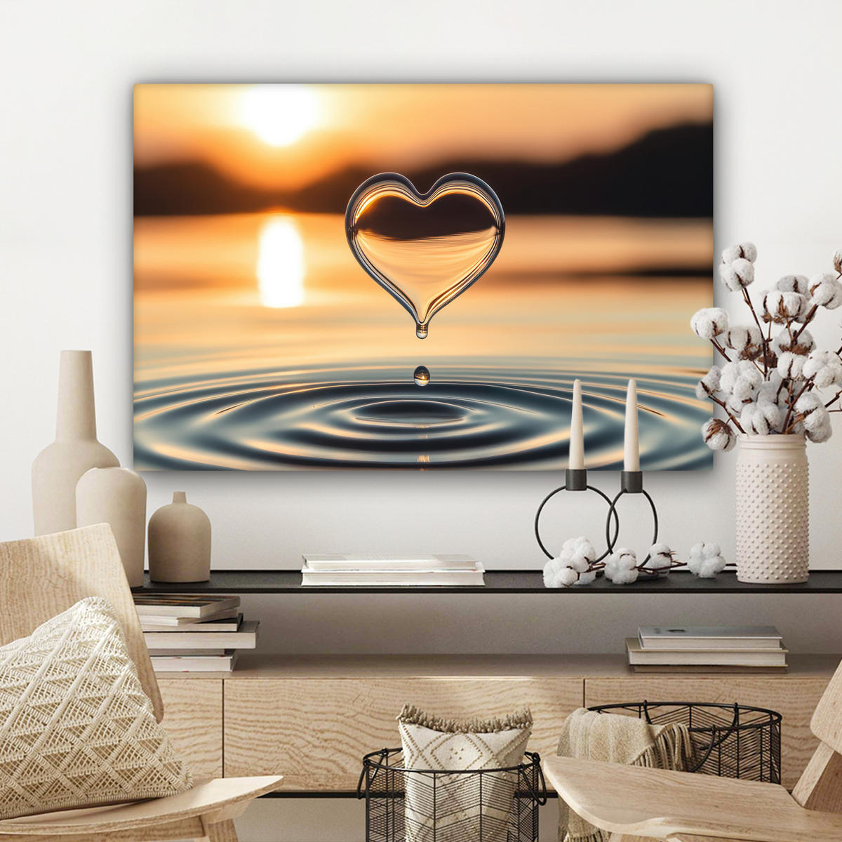 LEINWANDBILD - Herz - Wasser - Sonnenuntergang - Natur - Zen - 60x40 - Wanddeko Schlafzimmer - Bernsteinfarben, Textil (60/40cm) - MuchoWow