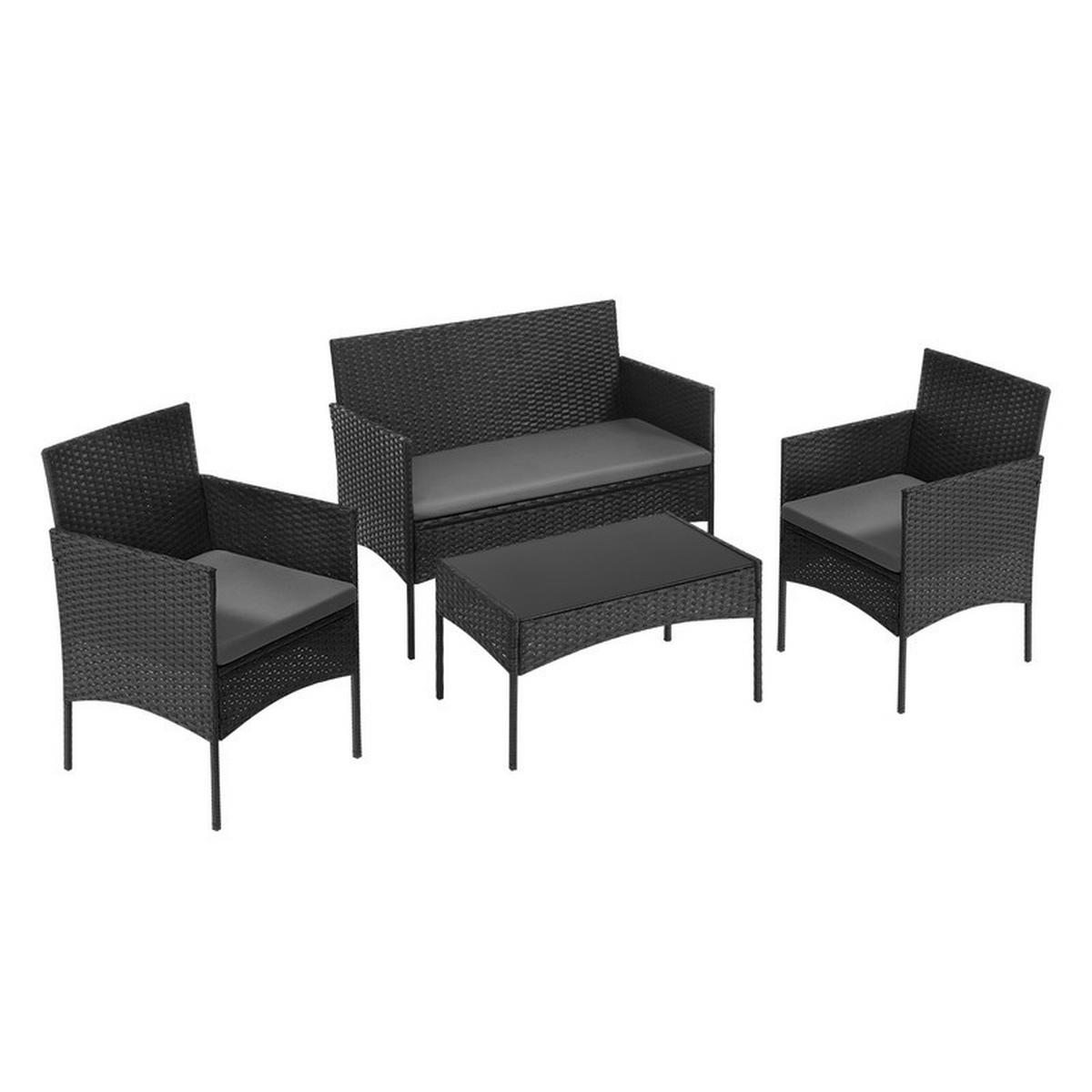 RATTAN-GARTENMÖBEL-SET – 2-Sitzer, 2 Sessel, Couchtisch - Schwarz, Metall - Auledio