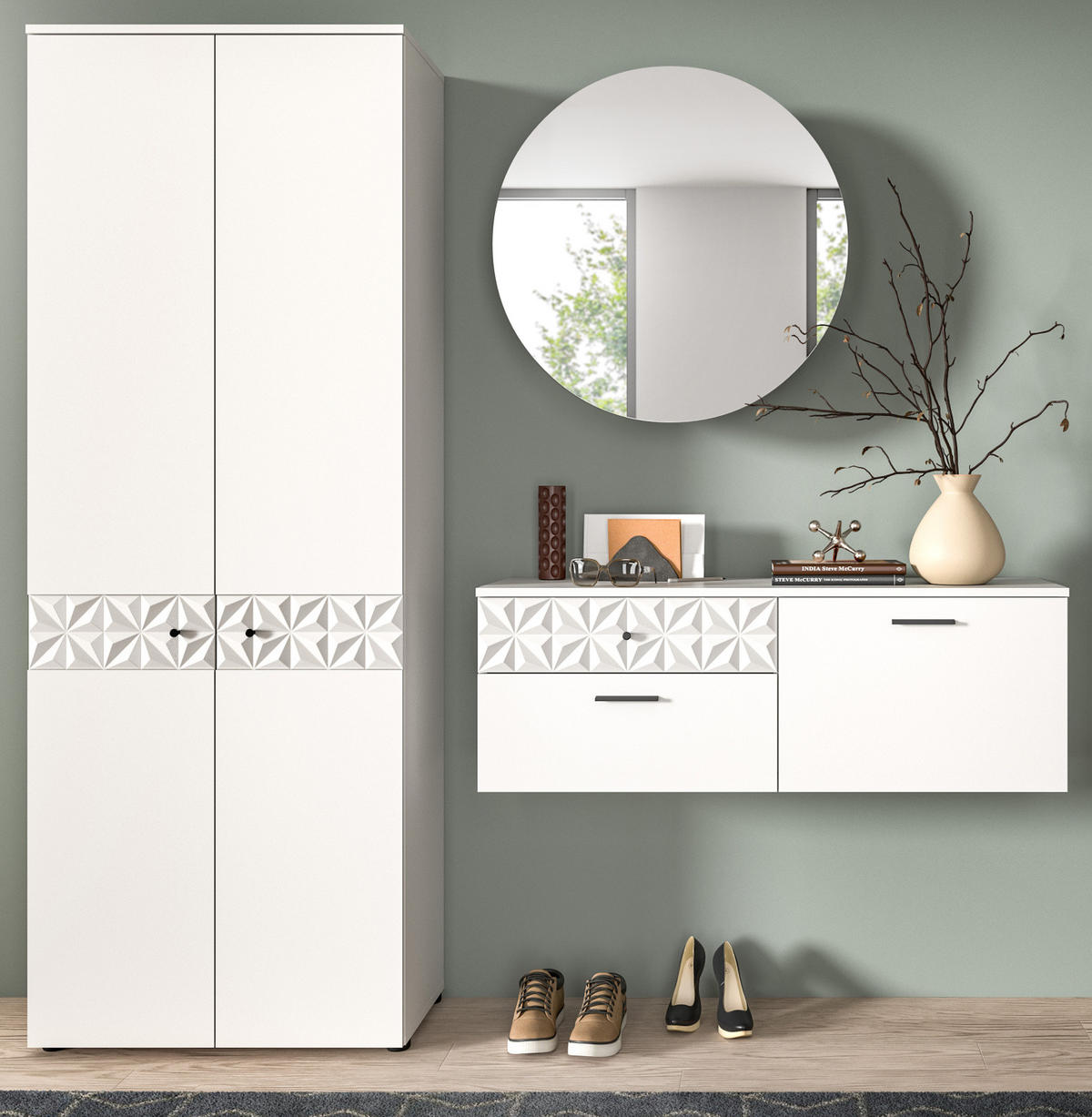 GARDEROBE Set weiß Hochglanz 195 cm, Kombination mit 3D-Struktur - Weiß Hochglanz/Schwarz, Glas/Holzwerkstoff (195/192/34cm) - Inn.Furn