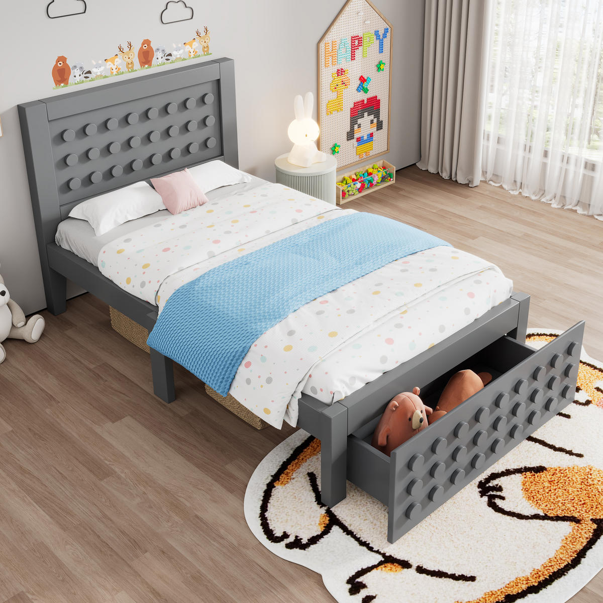 KINDERBETT 90/200 cm grau mit Kreativem Block Design und Stauraum - Grau, Holz (90/200cm) - OKWISH