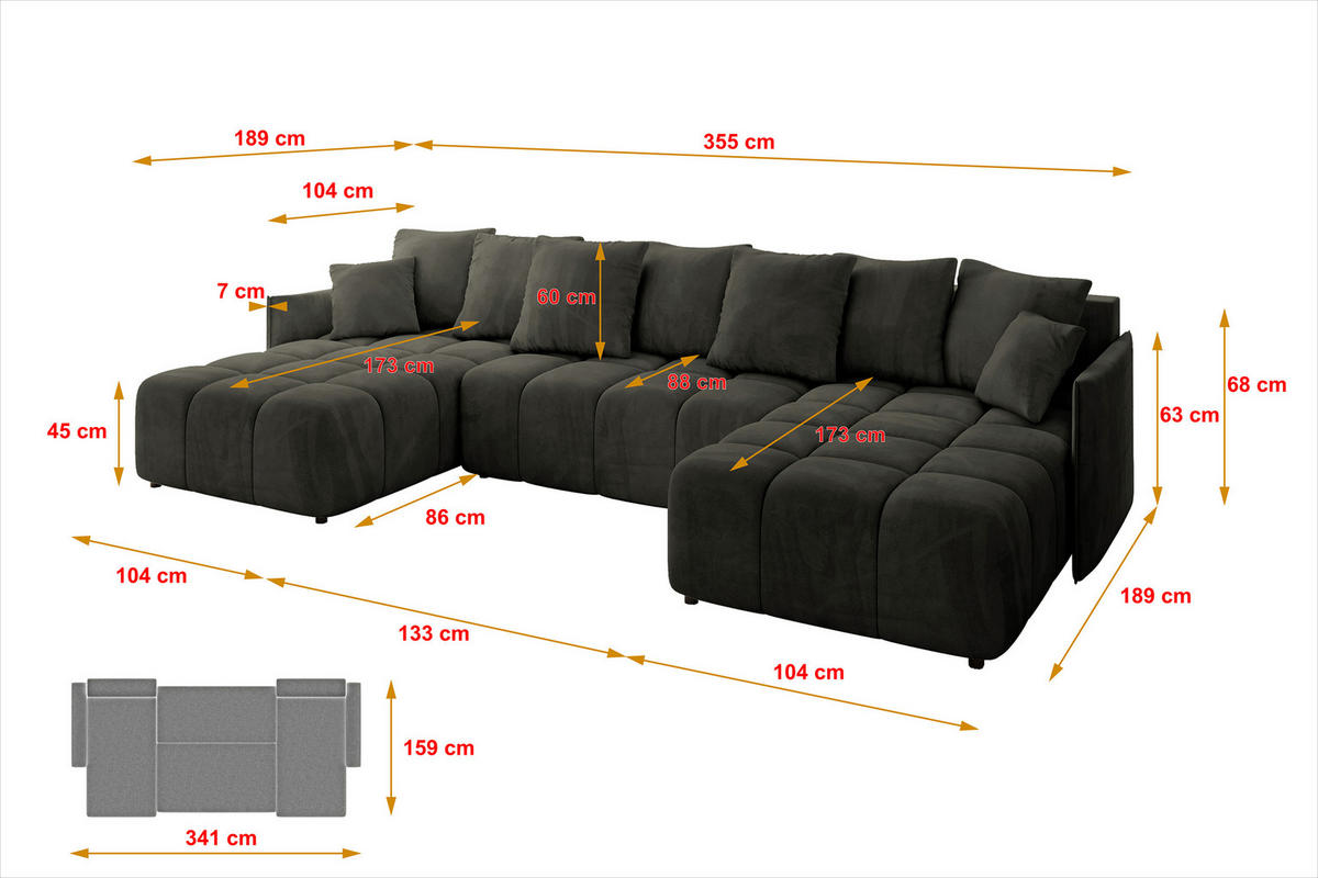WOHNLANDSCHAFT LONLI-U 355x189x68 Schwarz Velours - Schwarz, Holzwerkstoff/Kunststoff (355/68/189cm) - ALTDECOR