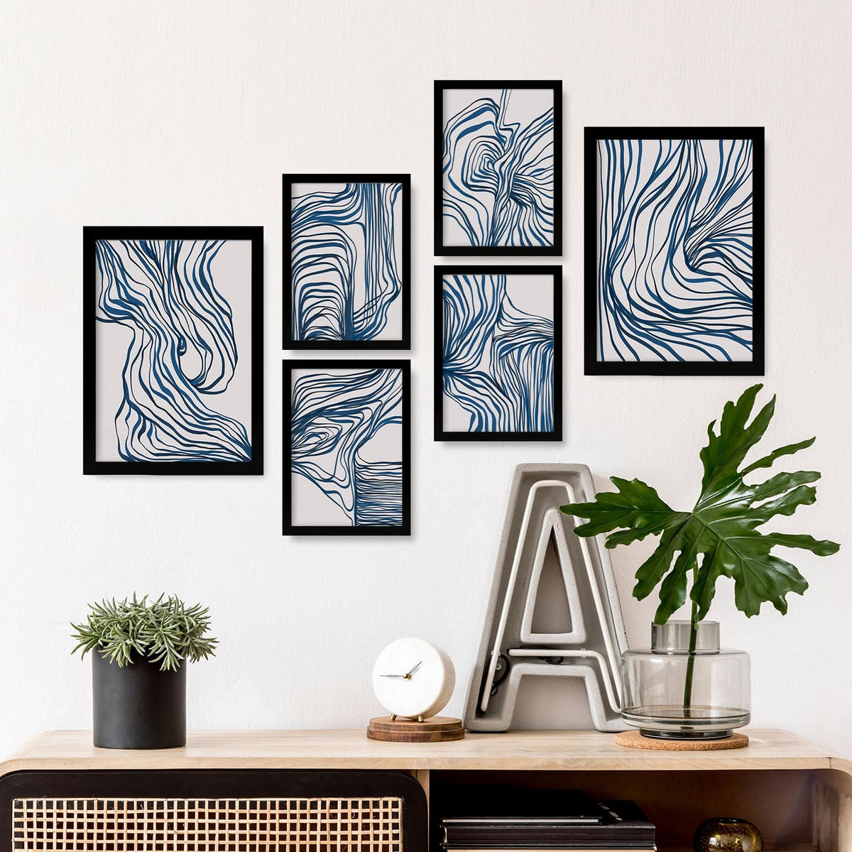 POSTER Set Mit 6 Bezaubernde Schnur In Form Abstracts Ästhetische Dekorative Gemälde Für Ihr Wohnzimmer Schlafzimmer Zuhause A3 & A4 Schwarzer Rahmen - Schwarz, Papier (29/3cm) - Nacnic