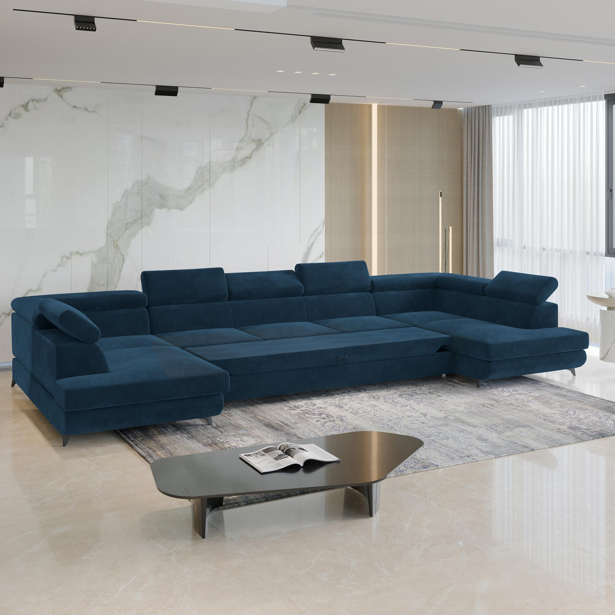 WOHNLANDSCHAFT URMANO Blau Velours-Stoff mit Schlaffunktion - Blau, Holz (395/89/190cm) - MASSENO