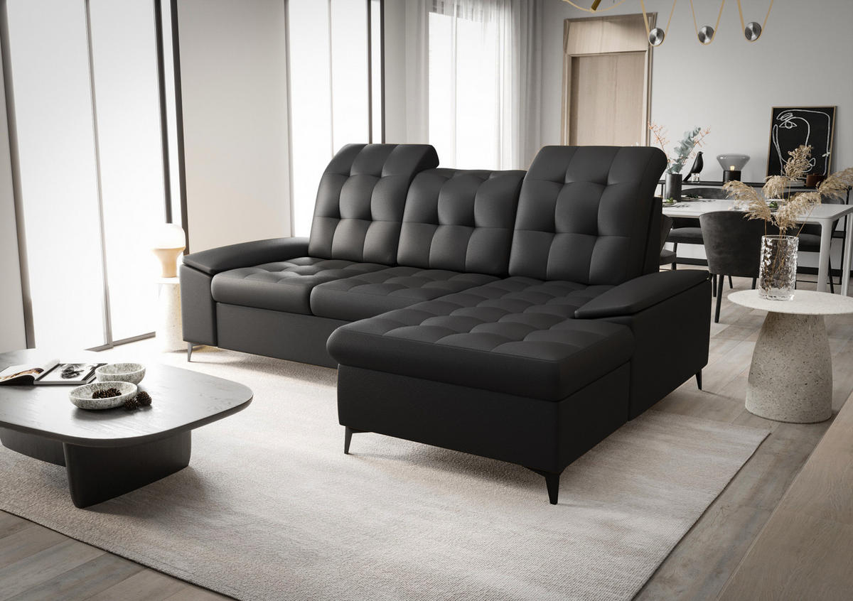 ECKSOFA KONGO RBN18, Eckcouch in L-Form mit Schlaffunktion, Farbe: Schwarz, Kunstleder, Ottomane Rechts - Schwarz, Textil (257/172cm) - O-Sofa