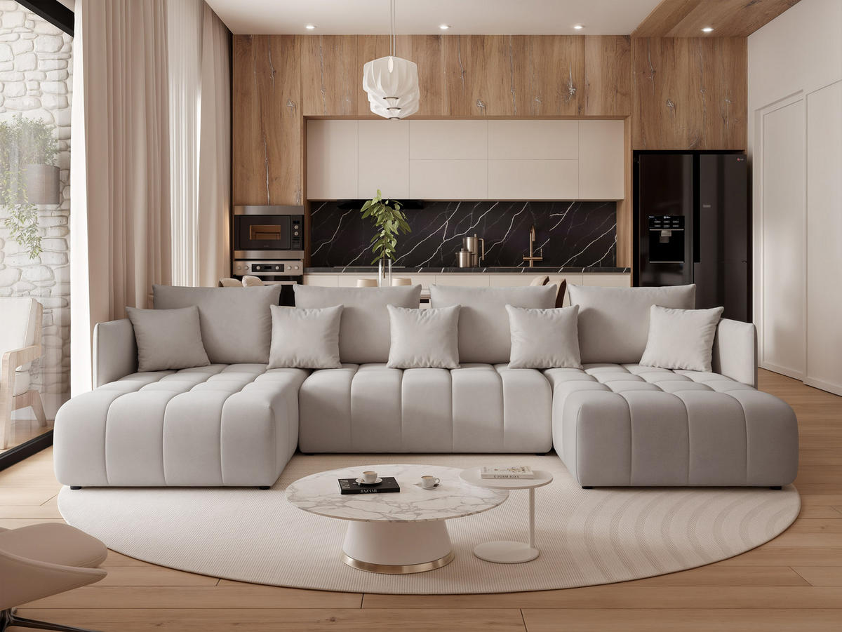WOHNLANDSCHAFT OLIMPIA mit Schlaffunktion und Bettkasten Hellgrau - Hellgrau, Holzwerkstoff/Kunststoff (300/85/90cm) - Idohome