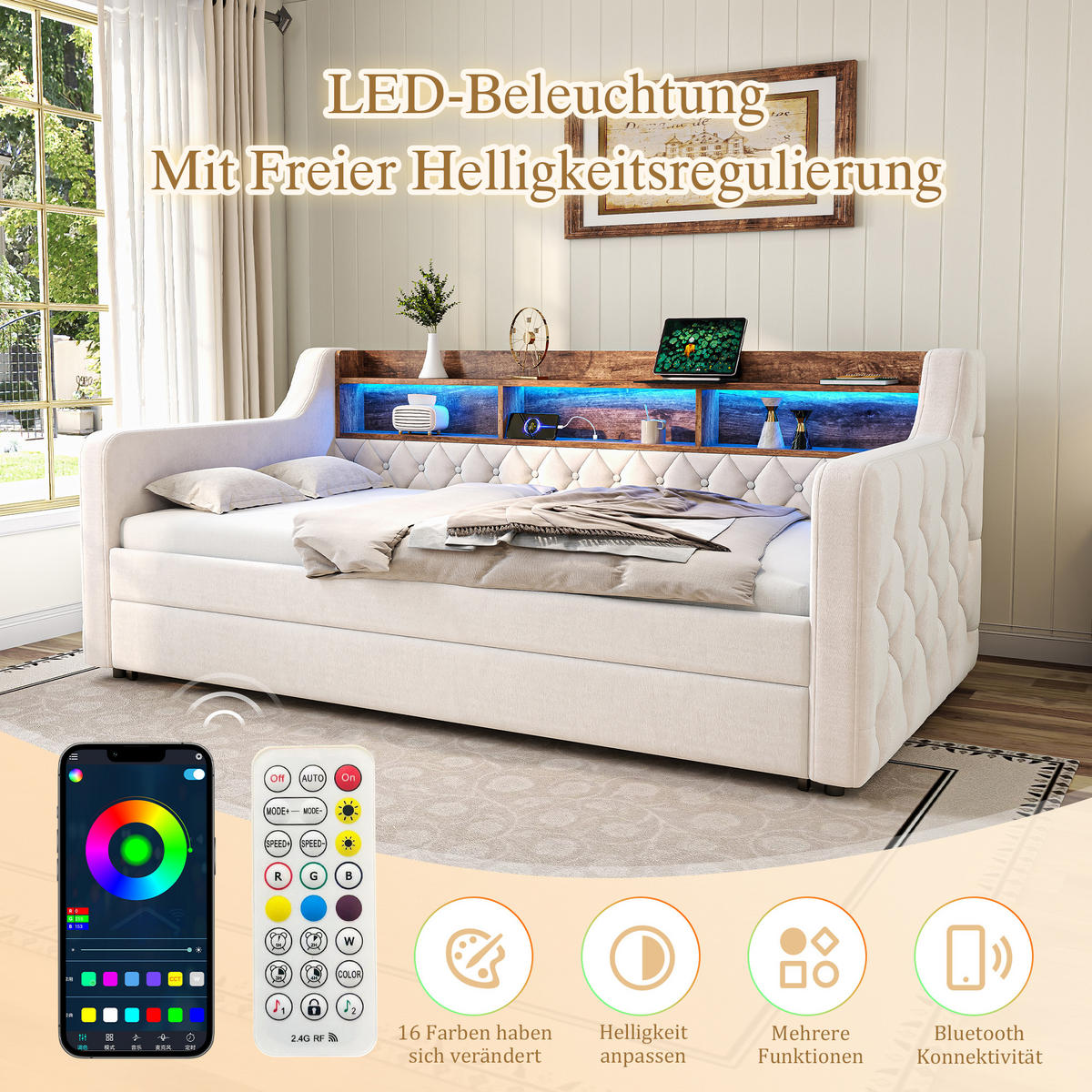 POLSTERBETT aus Samt 90x190 cm in Beige mit Stauraum, LED & USB-C - Beige, Textil (90/190cm) - Modfu