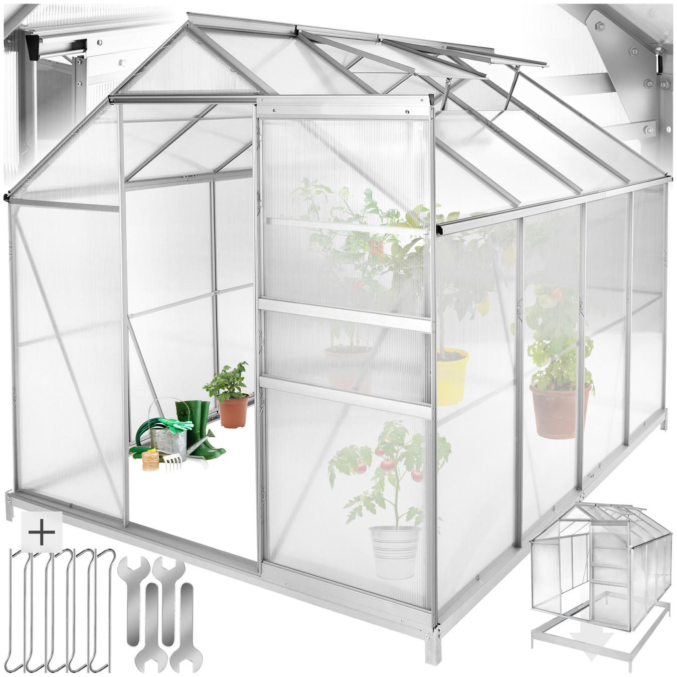 GEWÄCHSHAUS MIT FUNDAMENT, 185 x 250 x 195 cm,transparent - Transparent, Metall (185/195/250cm) - tectake