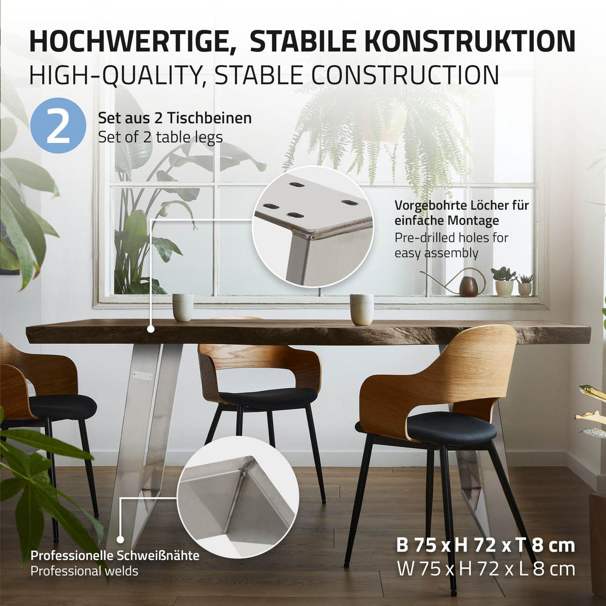 TISCHBEINE 2er Set 80GRAD 75 x 72 cm Silber - Silberfarben, Metall (75/8/72cm) - ML-DESIGN