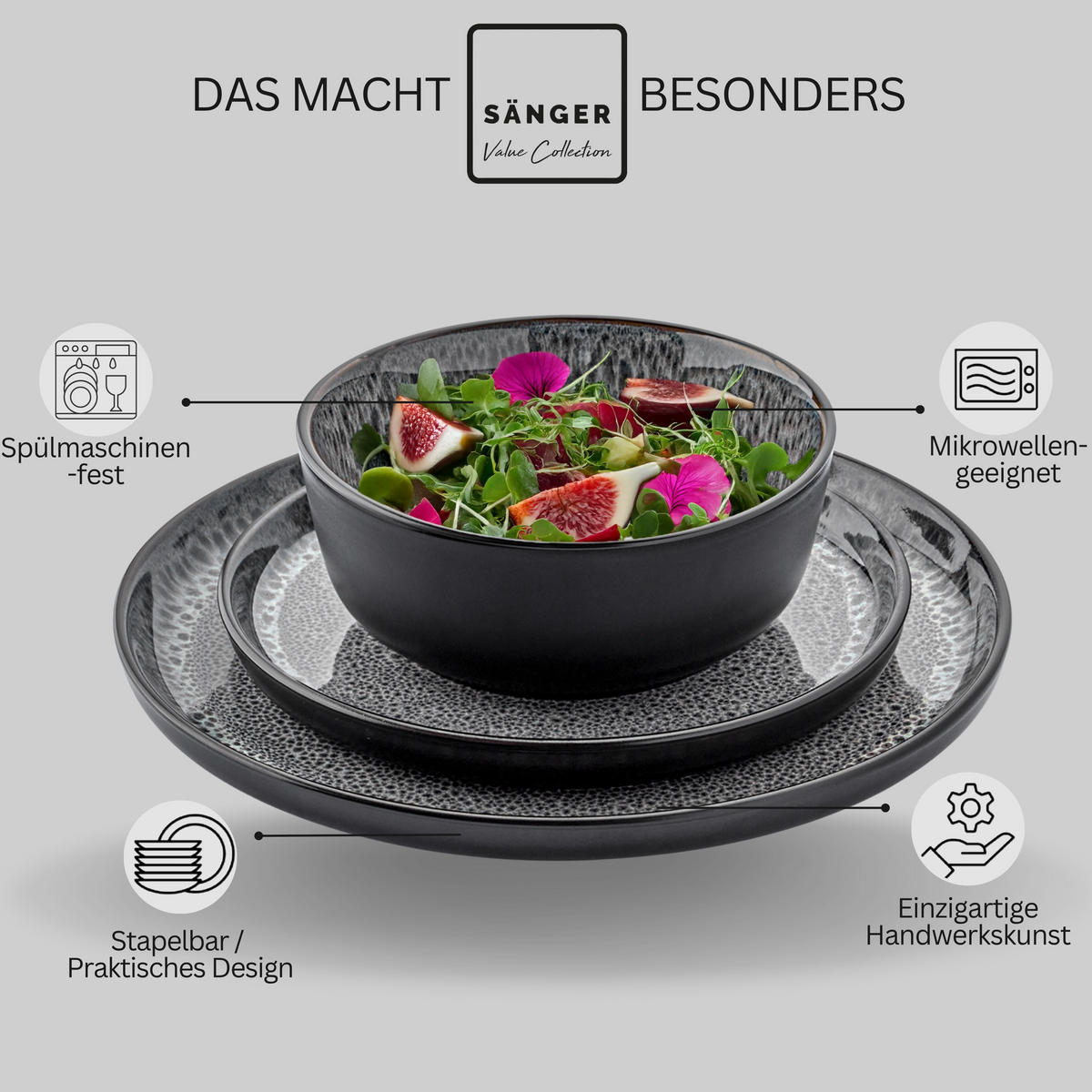 KOMBISERVICE SYDNEY - 24 teilig aus Steingut - Dunkelgrau, Stein (50/30/80cm) - Sänger