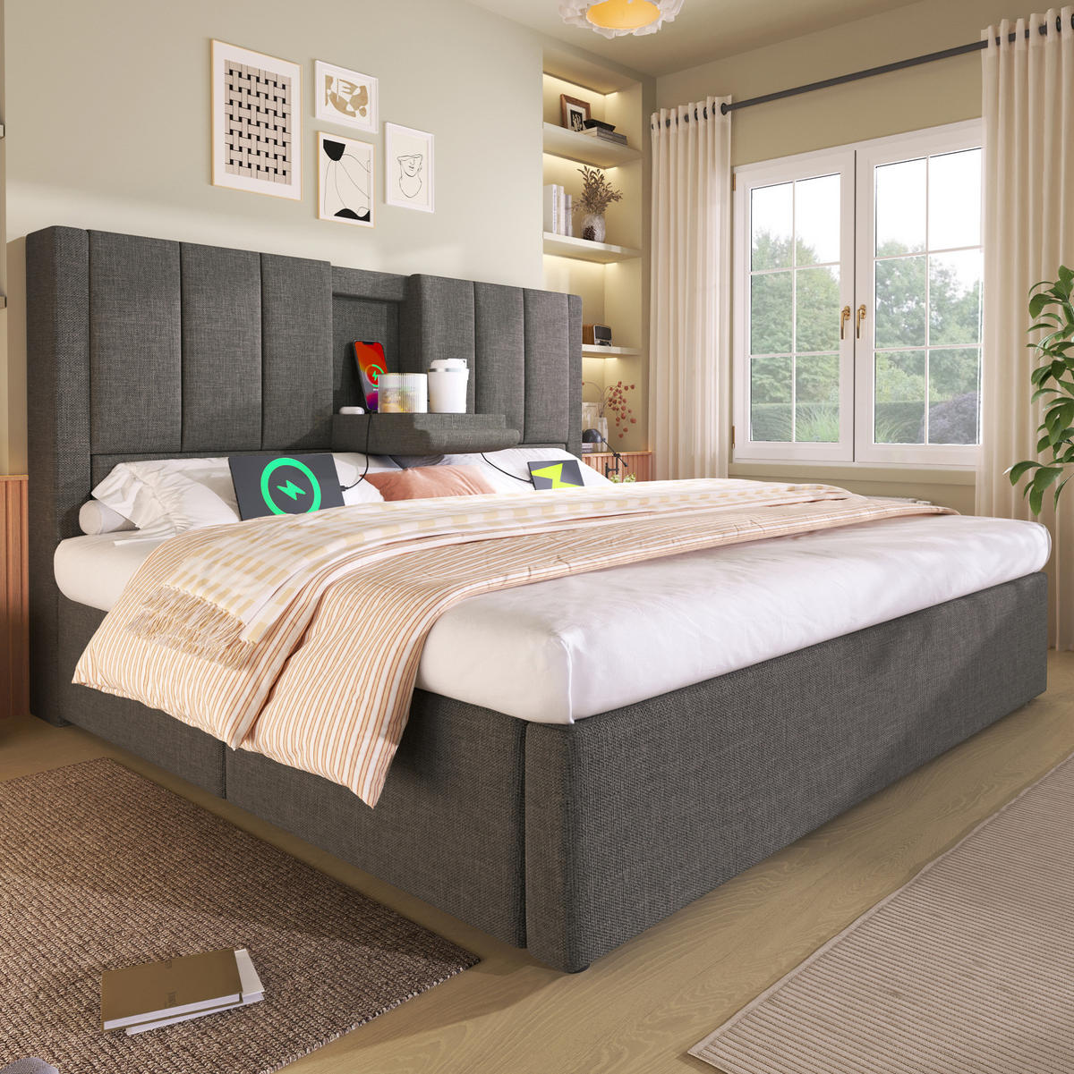 POLSTERBETT mit Stauraum & Ladestation 160 x 200 cm Leinen Grau - Grau, Metall (160/200cm) - Meubliv
