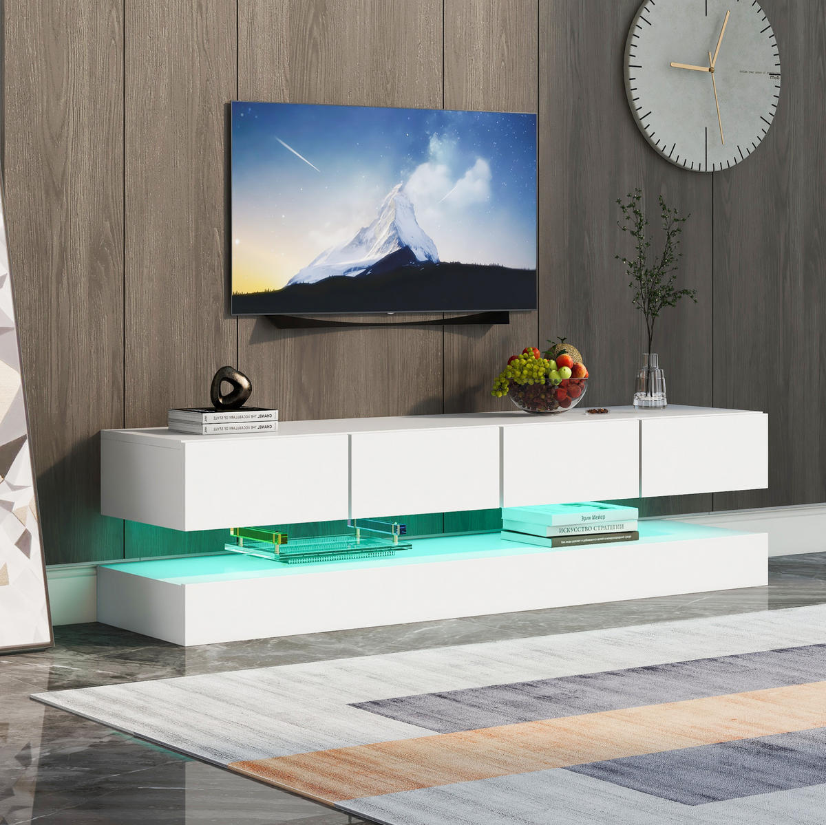 WANDMONTIERTES TV-Lowboard aus MDF 130x33x15 cm Weiß mit LED-Beleuchtung, Bluetooth-App und 4 Schubladen - Weiß, Holzwerkstoff (130/15/33cm) - IVMEU