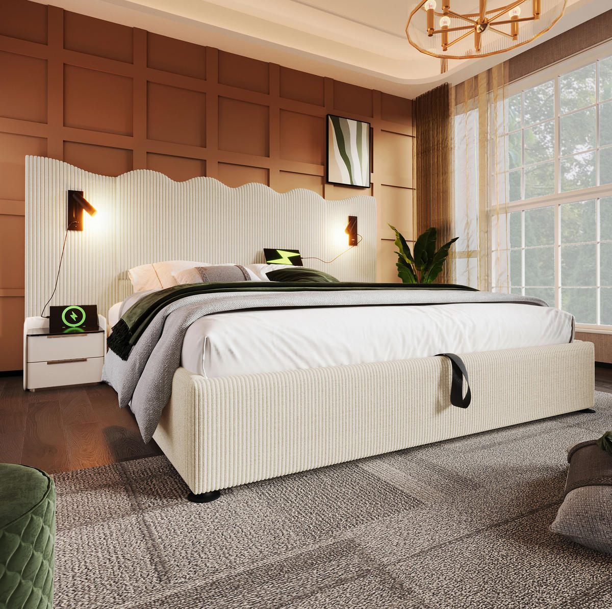 POLSTERBETT 180/200 cm beige-weiß aus Cordstoff mit Stauraum, USB-C und Leselampe - Beige, Textil (180/200cm) - OKWISH