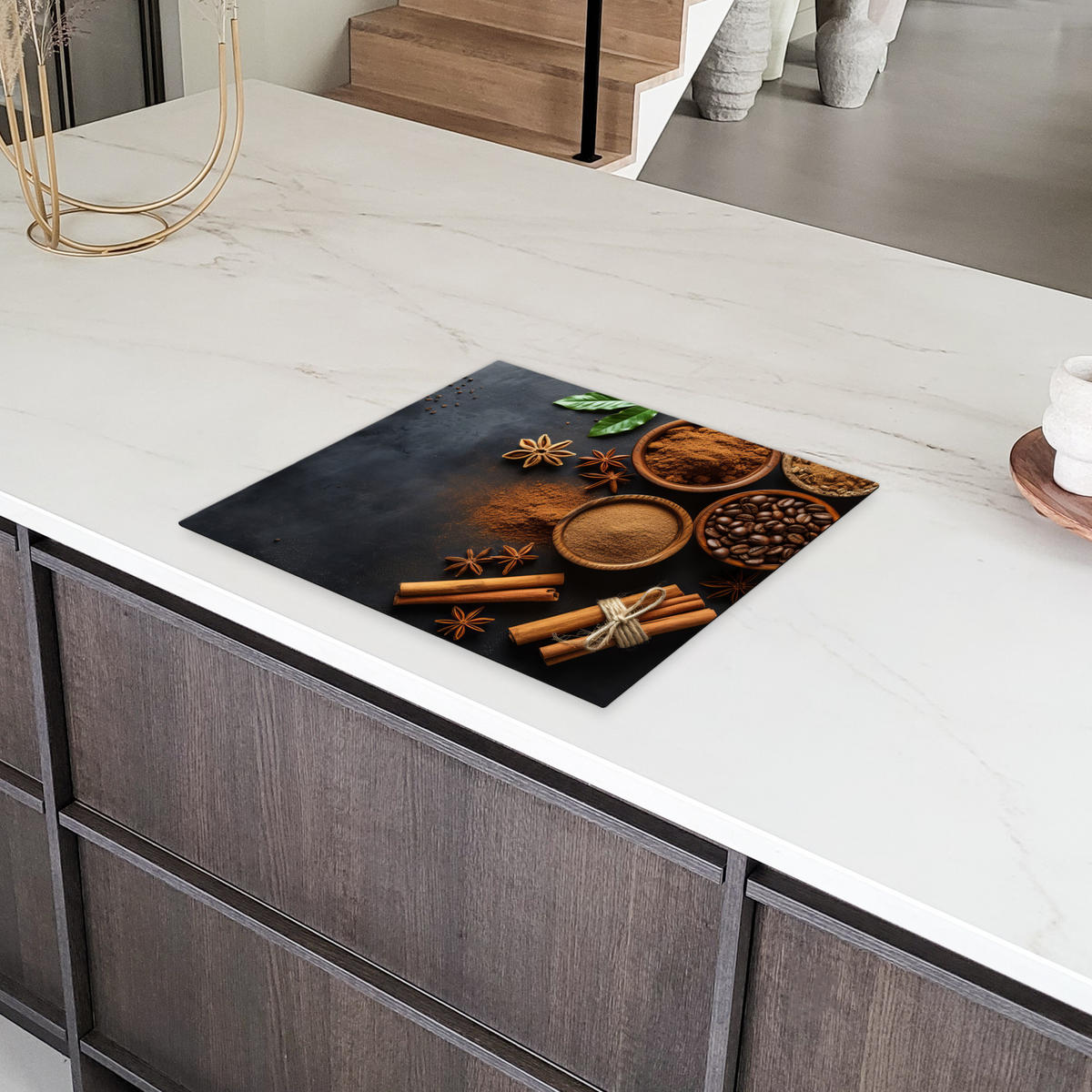 HERDABDECKPLATTE Zimt - Beton - Kaffee - Zimtstangen - Gewürze Ceranfeldabdeckung 59x52 cm - Mokka, Kunststoff (59/52/0.2cm) - MuchoWow