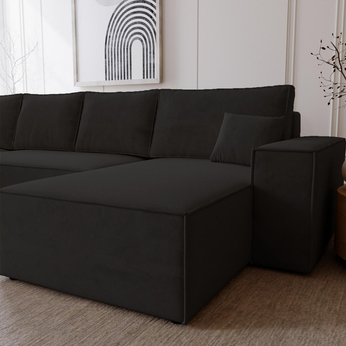 ECKSOFA 380 cm Bergamo U mit Bettkasten, Samt, Schwarz - Schwarz, Holz (377/189cm) - Emporius