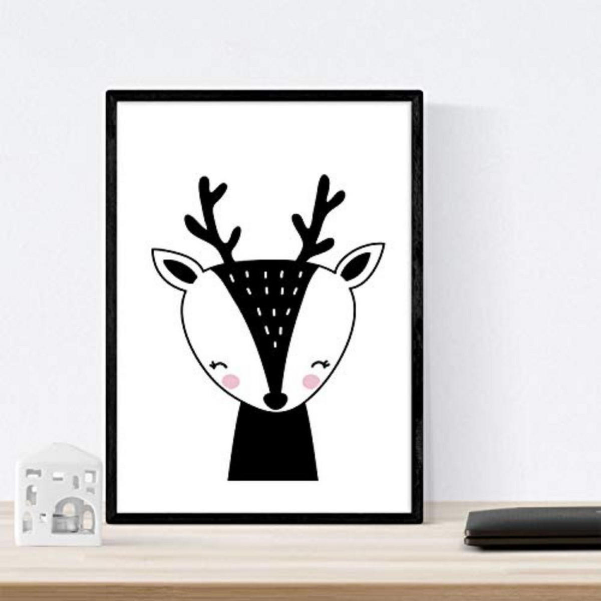 POSTER Set mit 4 „Zorro, Eisbär, Pinguin und Katze“ Tiere A3 Schwarzer Rahmen - Schwarz, Papier (29.7/3cm) - Nacnic