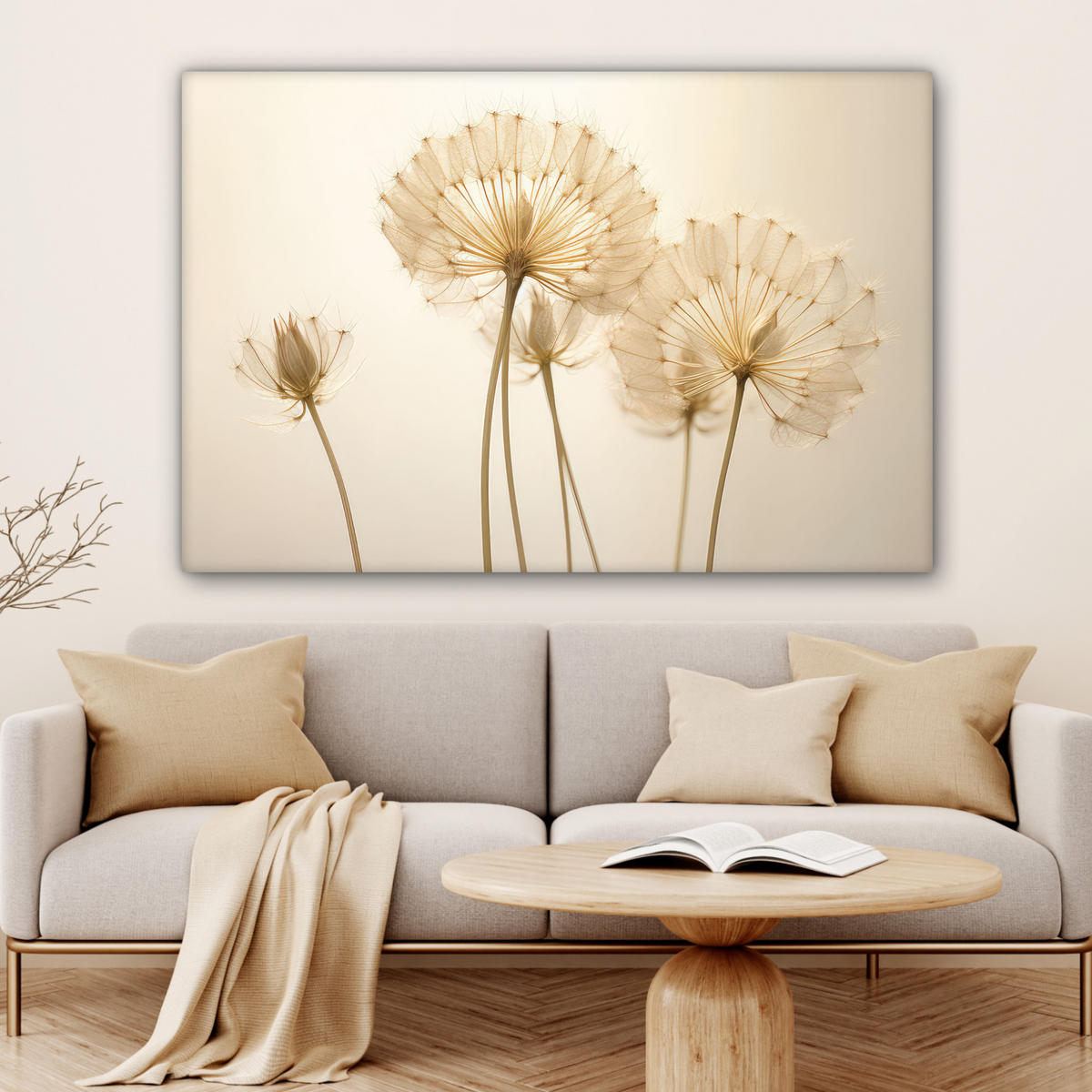 LEINWANDBILD Sonnenlicht - Löwenzahn - Botanisch - Blumen Wohnzimmer 120x80 cm - Creme, Textil (120/80cm) - MuchoWow