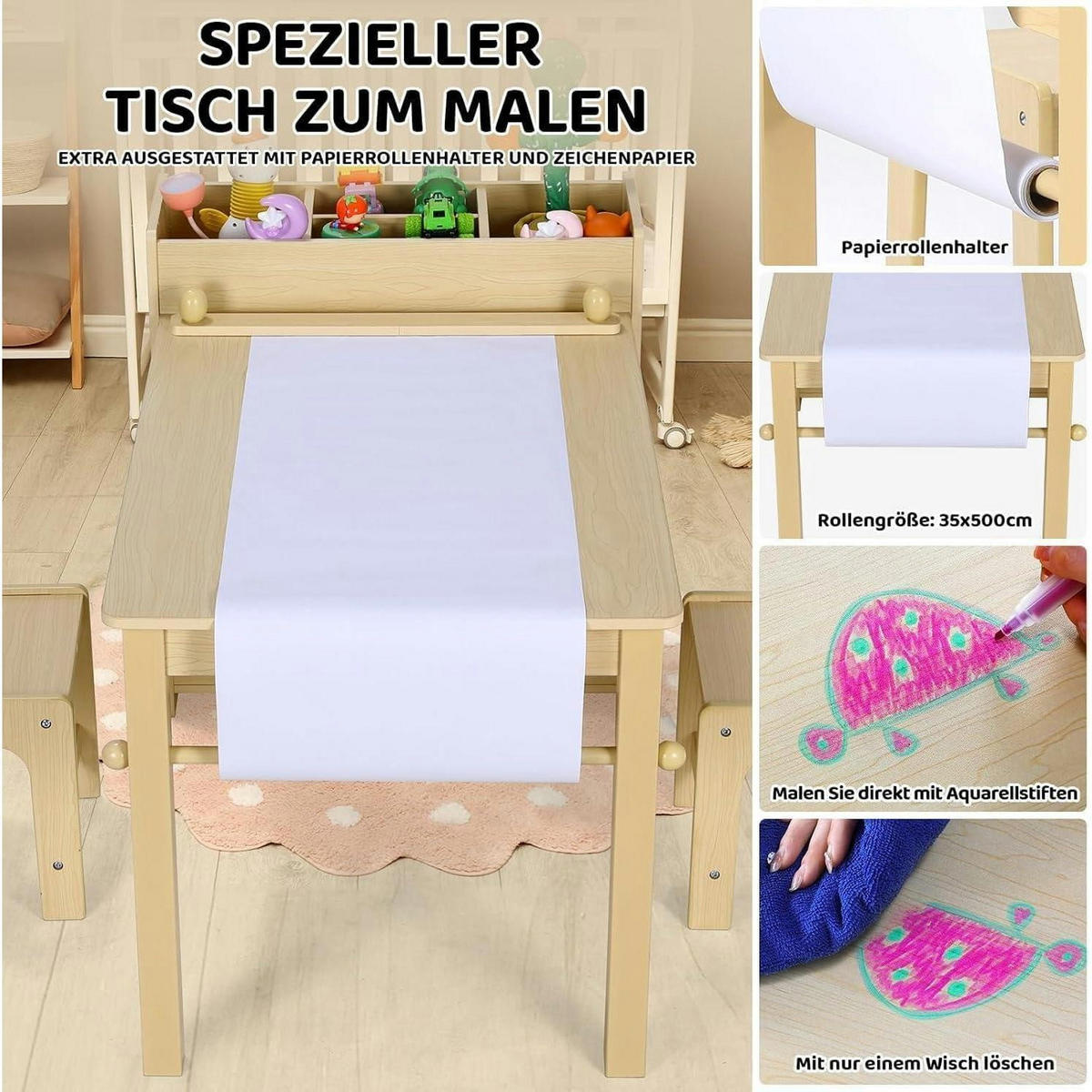 KINDERTISCH mit Stühlen 2-teiliges Set Gelb - Hellbraun, Holzwerkstoff (53/64/102cm)