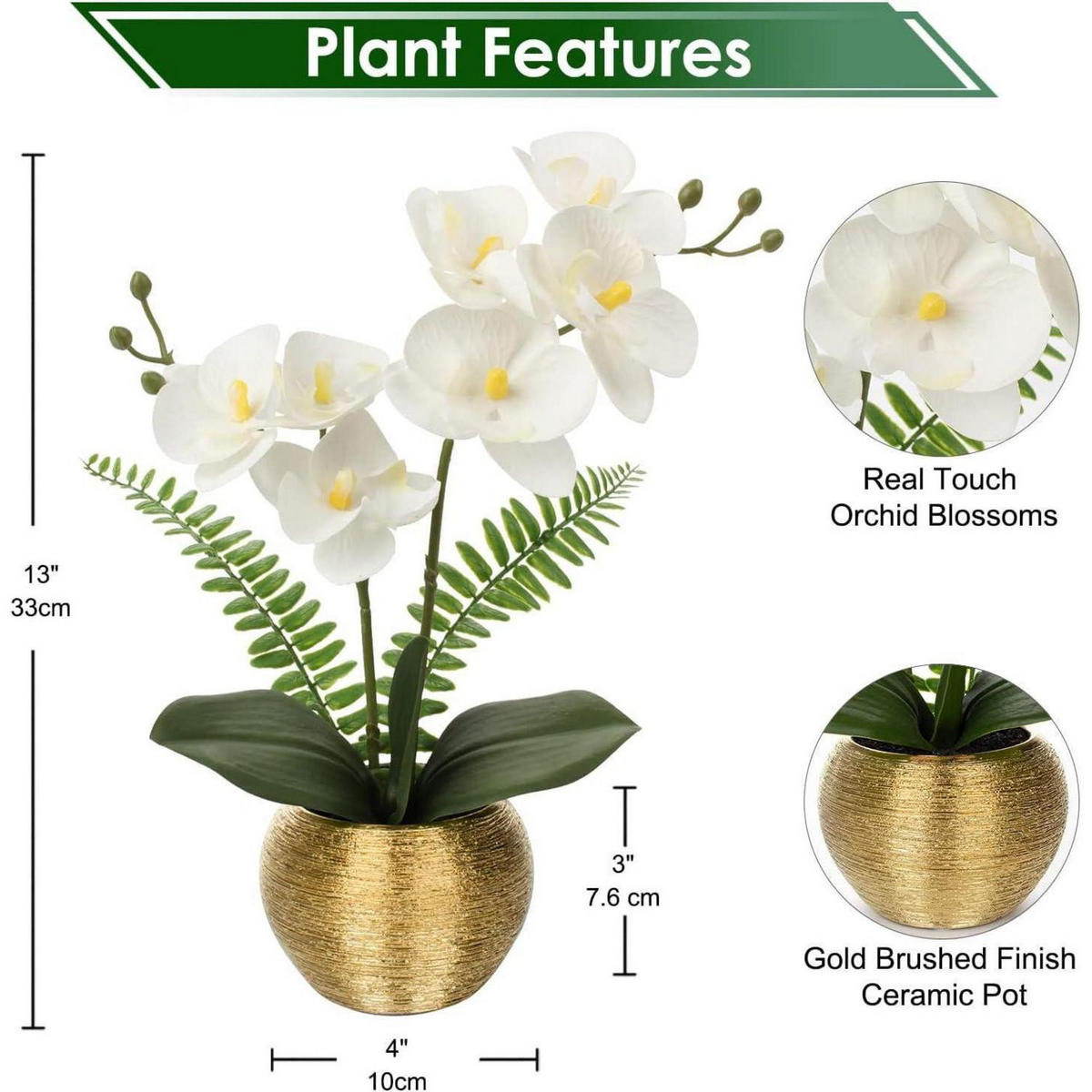 KUNSTBLUME Orchidee Phalaenopsis weiß im goldfarbenen Keramiktopf 33 cm - Goldfarben, Keramik (33cm)