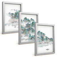BILDER SET 3er Set - 20x30 cm Silberner Rahmen - Berge, Wolken, Vögel, Boot, Japandi - Silberfarben, Kunststoff (20/30cm) - TULUP
