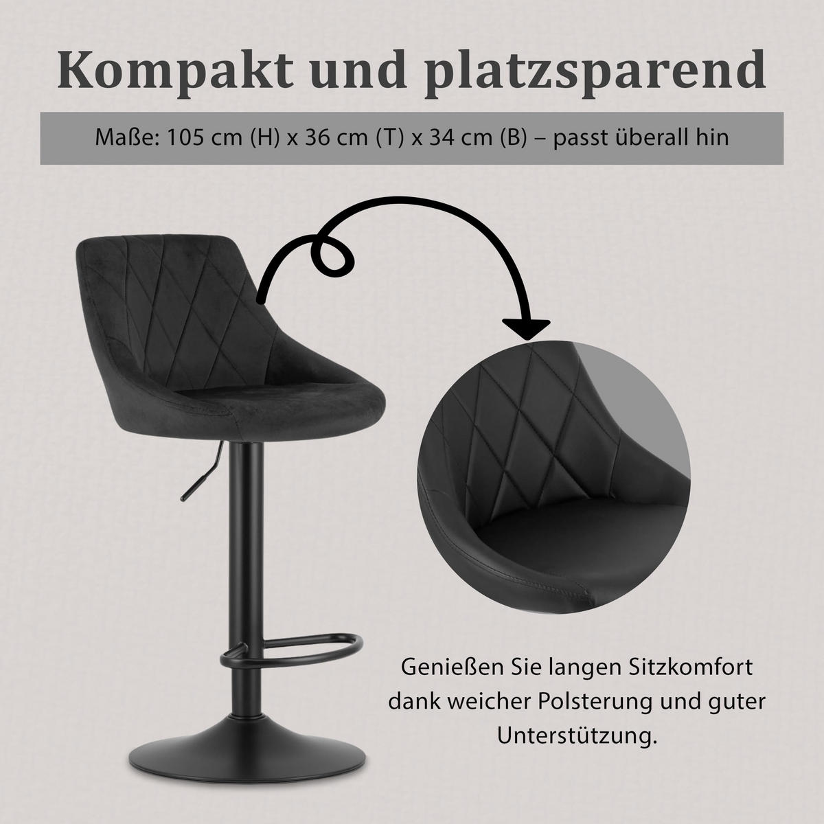 BARHOCKER, drehbar, HÖHENVERSTELLBAR, in Schwarz, Modernes Design - Schwarz, Textil (36/107/38cm) - Best For Home
