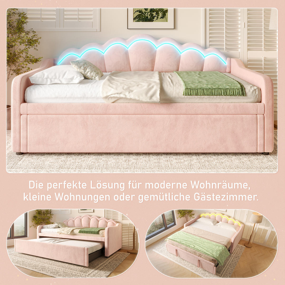 TAGEBETT 90x200cm + 180x200cm Rosa Samt Ausziehbett LED-Streifen - Pink, Holz (180/200cm) - FLIEKS