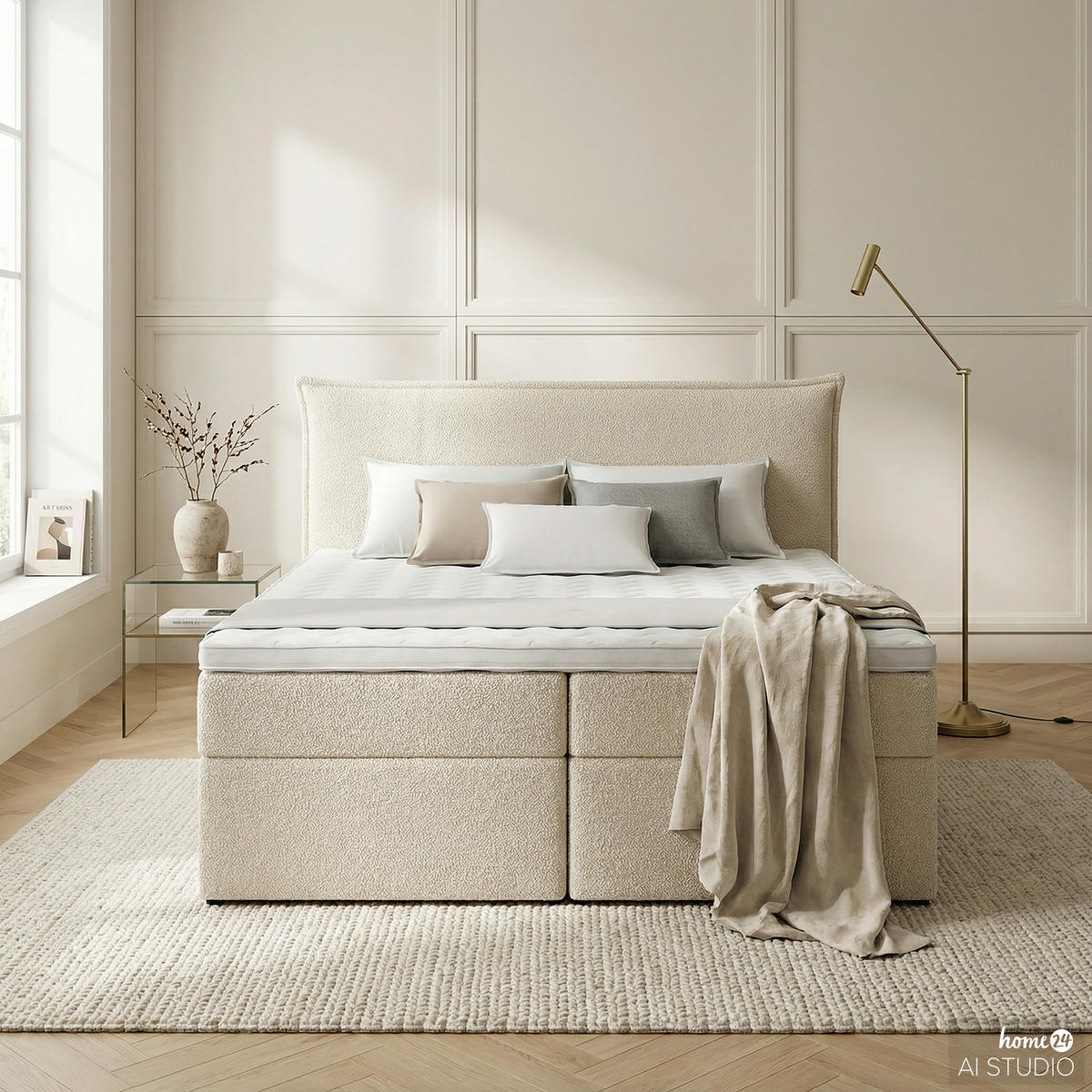 BOXBETT mit Stauraum - Bouclé - Creme, Holzwerkstoff/Textil (180/200cm) - home24