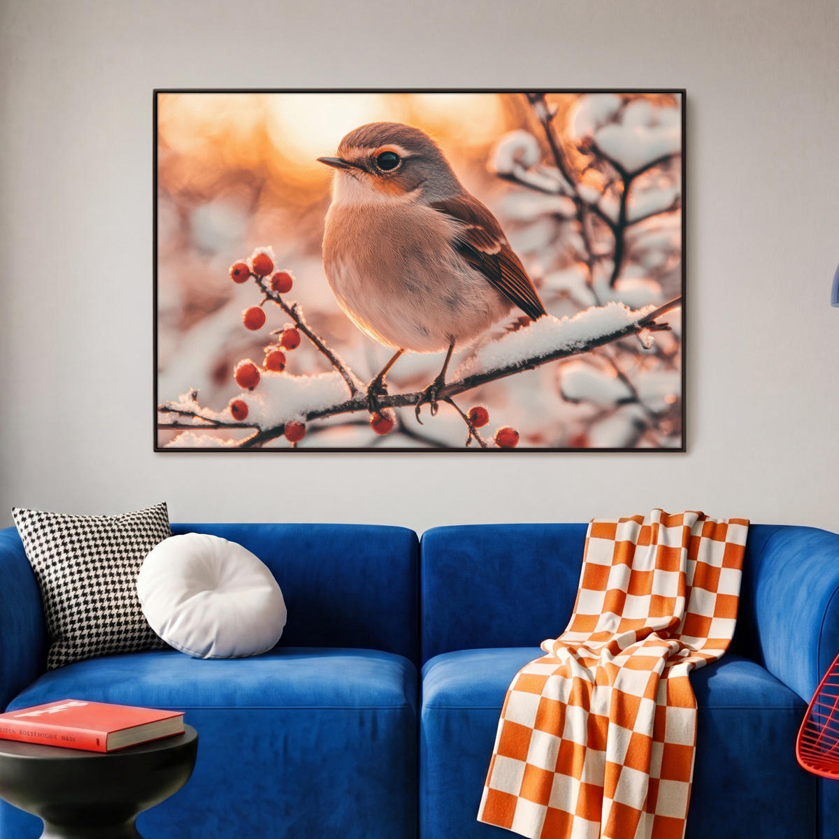 LEINWAND Bilder mit Rahmen - Vogel - Zweig - Winter - Tiere - Schnee - 90x60 - Bernsteinfarben, Textil (90/60cm) - MuchoWow