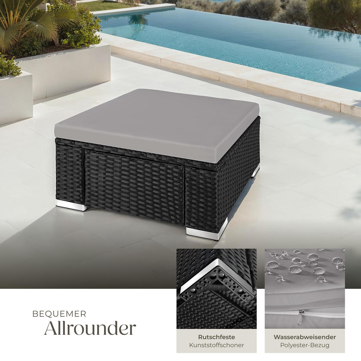 RATTAN-SITZHOCKER Bitonto,53 x 53 x 26 cm,schwarz/grau - Schwarz/Grau, Kunststoff (53/26/53cm) - tectake