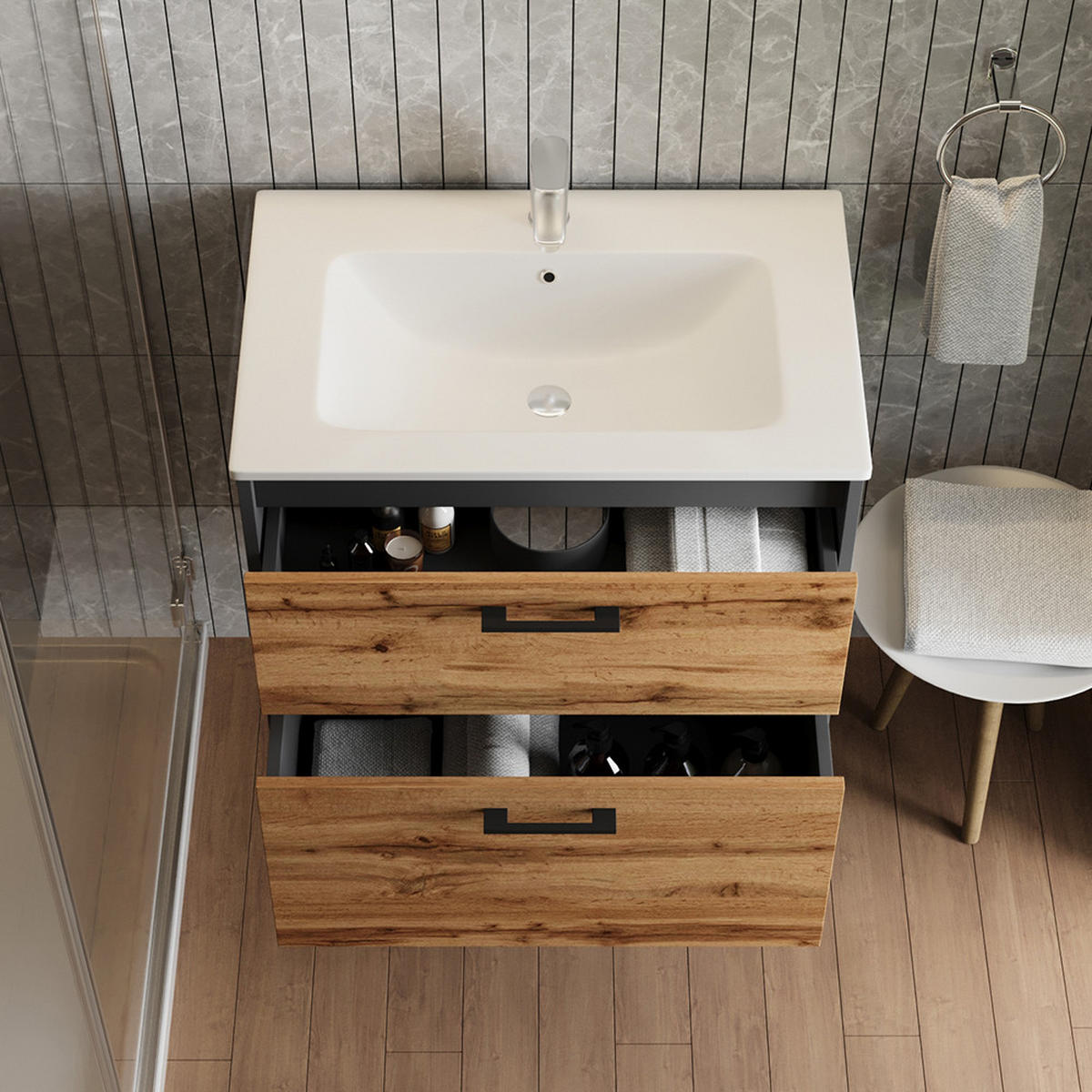 WASCHBECKENUNTERSCHRANK Lanco Anthrazit/Goldkraft Eiche 61 x 61.5 cm mit Waschbecken - Honigeiche/Anthrazit, Holzwerkstoff (61/61.5/46.5cm) - Vicco