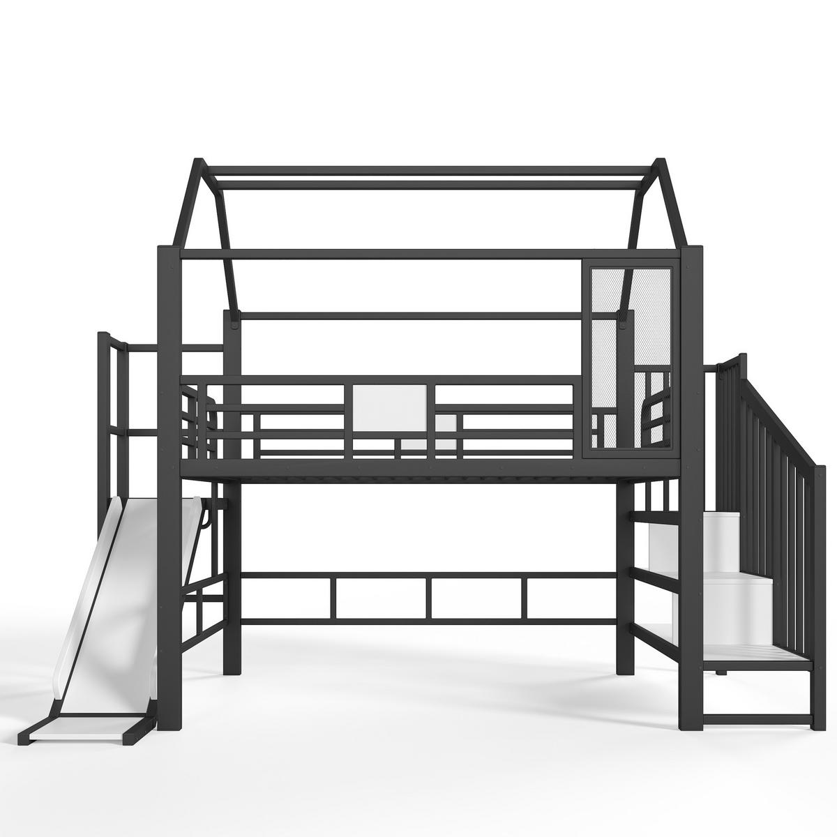 HOCHBETT aus MDF und Metall 140x200 cm Schwarz mit Rutsche, Stauraumtreppe und Bluetooth-LED-Beleuchtung - Schwarz, Holzwerkstoff (140/200cm) - IVMEU