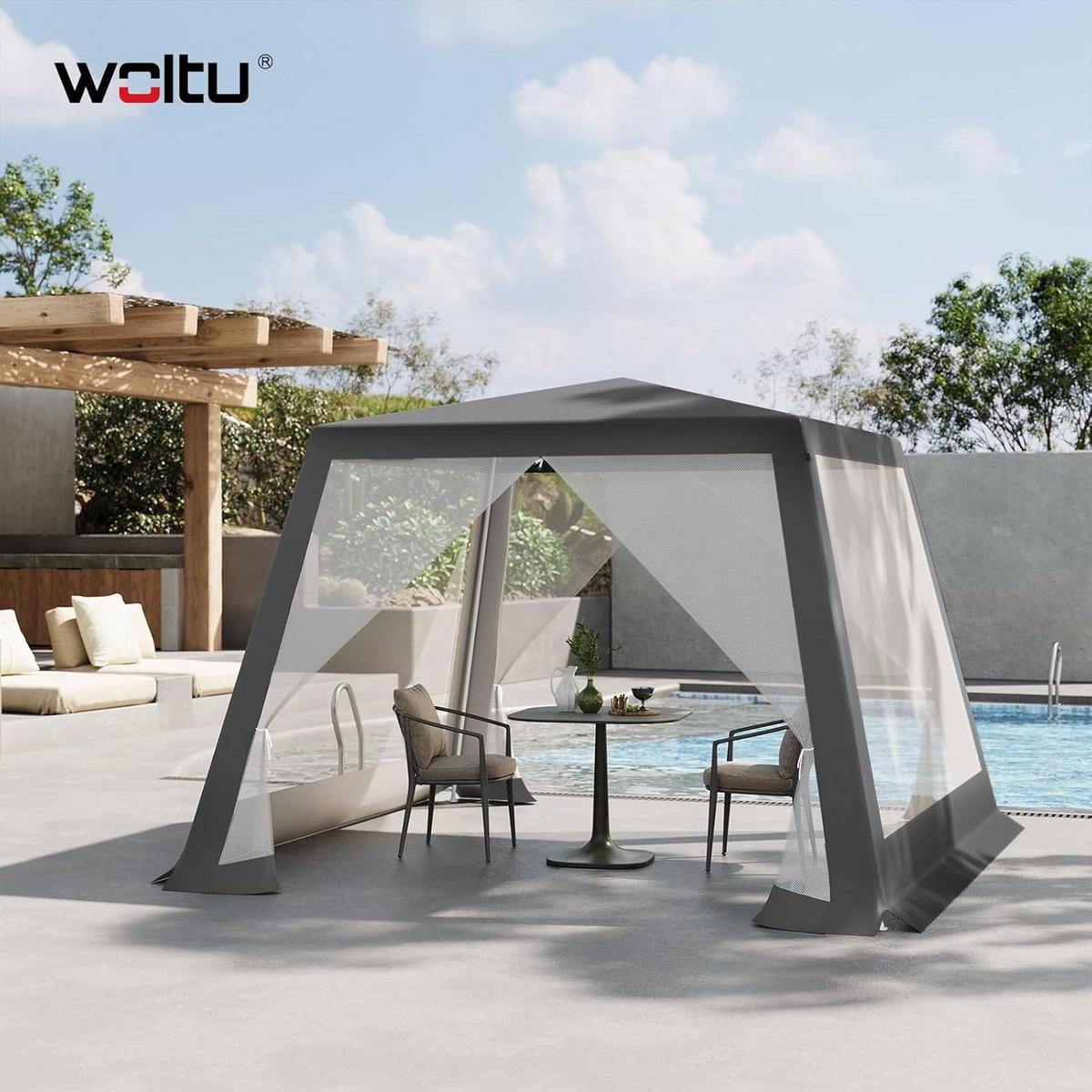 PAVILLON 3x3 m, Gartenpavillon mit Seitenwänden Moskitonetz - Grau, Metall (300/250/300cm) - Woltu