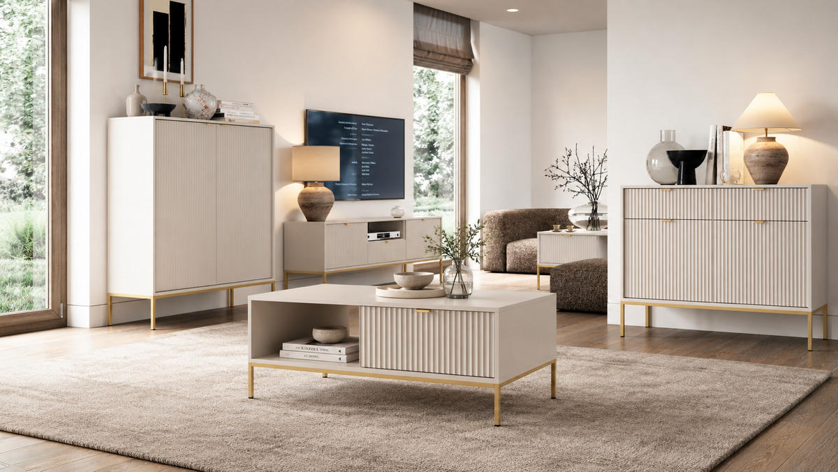 COUCHTISCH Kioto 104 cm in Kaschmir mit Schubladen und Metallbeinen - Kaschmir/Goldfarben, Holzwerkstoff/Metall (68/104/46cm) - Ravio