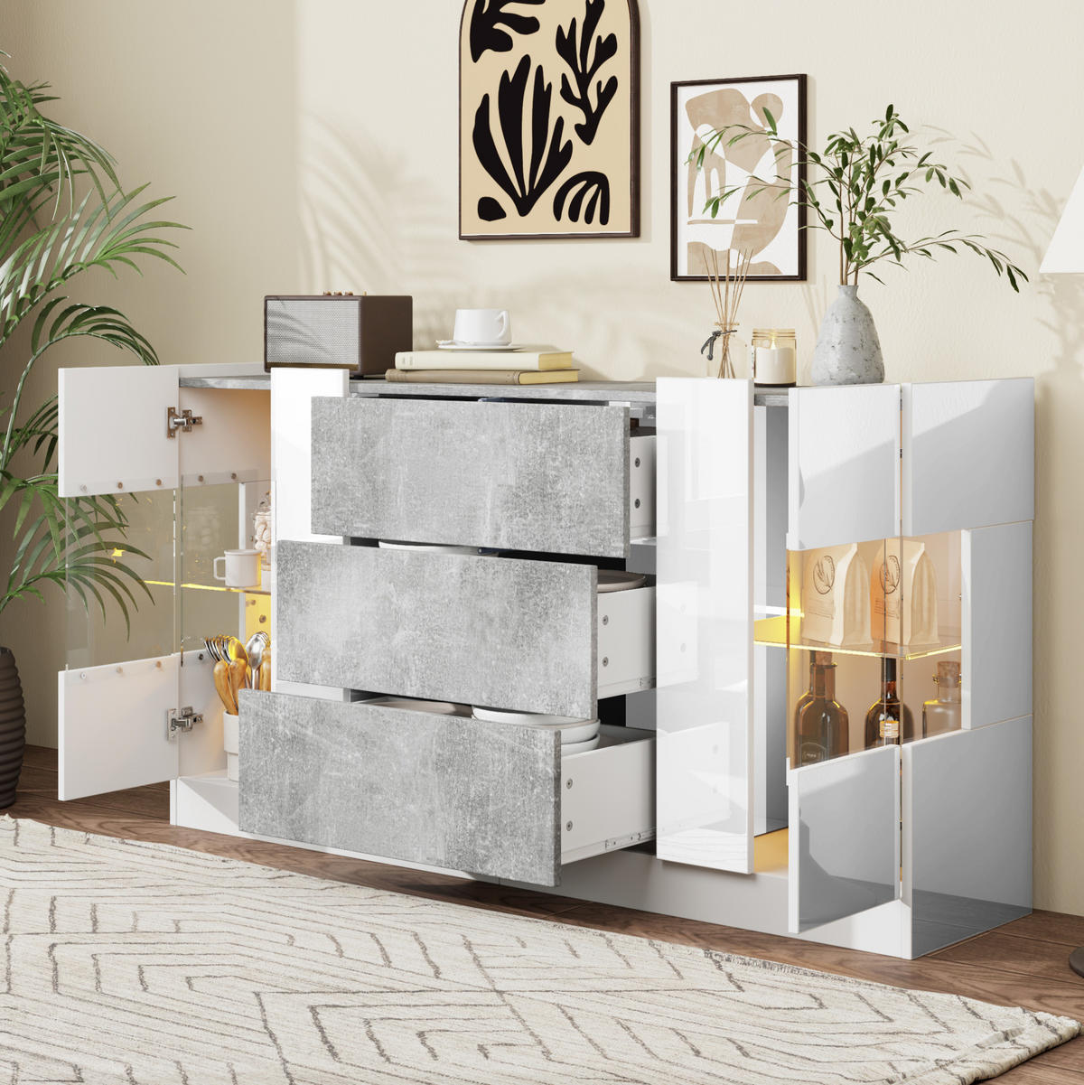 SIDEBOARD 140/35/75 cm weiß Marmorlook aus MDF mit LED - Weiß, Holzwerkstoff (140/75/35cm) - OKWISH