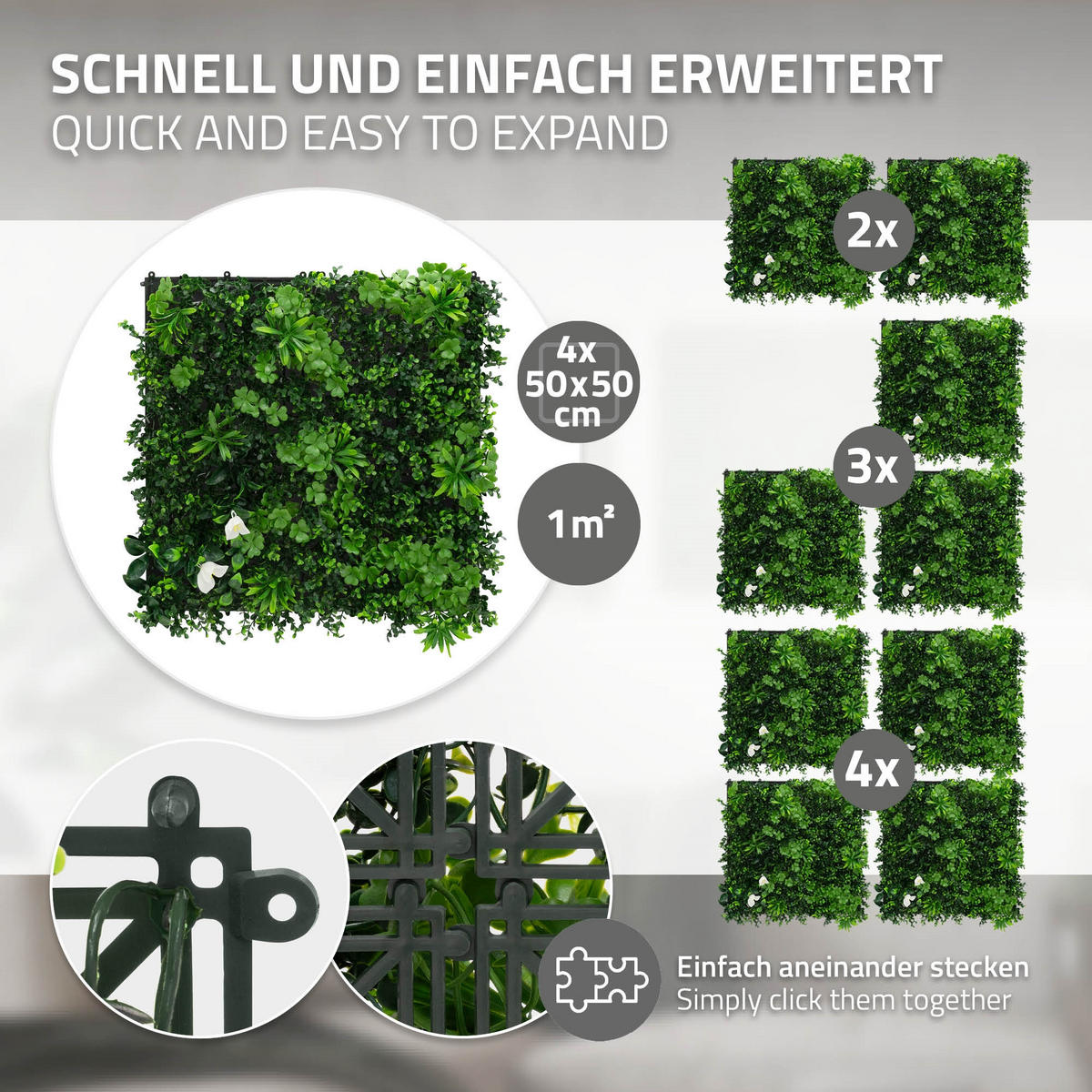 KÜNSTLICHE PFLANZENWAND 4er Set 50x50 cm Kunstpflanzen Wand Innen Aussen Grün White Jasmine - Weiß/Grün, Kunststoff (50/50/8cm) - ECD-Germany