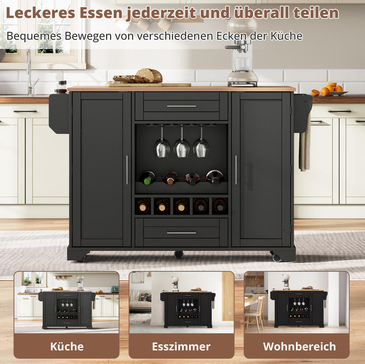 KÜCHENINSEL 138/45(70)/92 cm mit klappbarer Arbeitsplatte, Weinregal und Rollen, MDF, Schwarz/Natur - Schwarz, Holzwerkstoff (138/92/70cm) - Redom