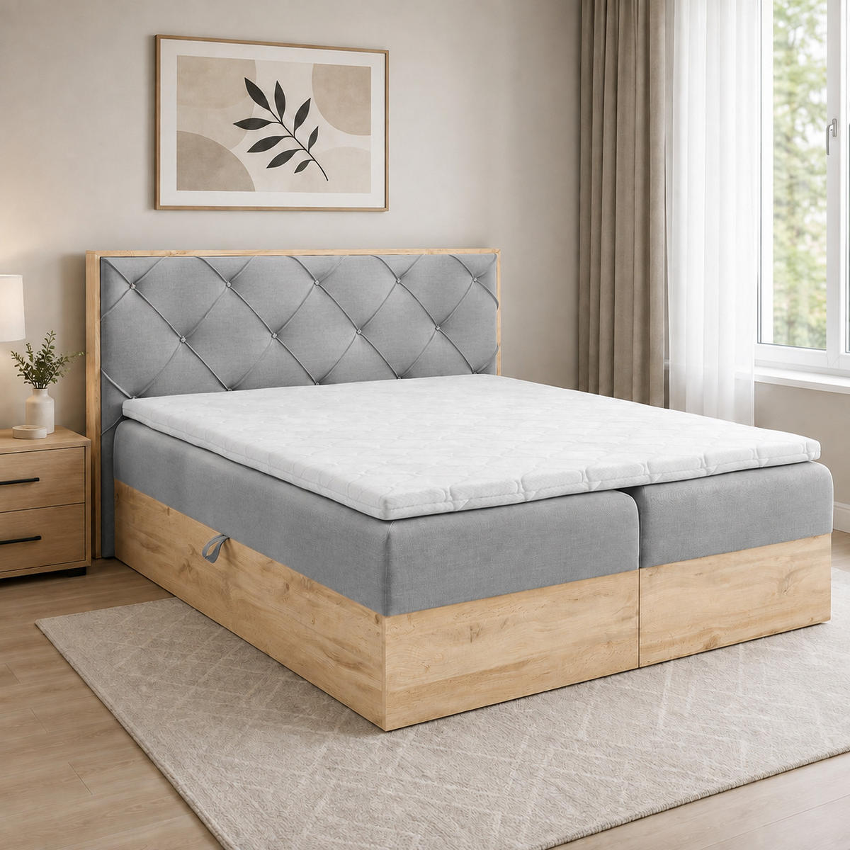 BOXBETT Holzoptik Sonoma Eiche mit Topper 120x200 cm Hellgrau - Hellgrau, Textil (120/200cm) - Home Collective