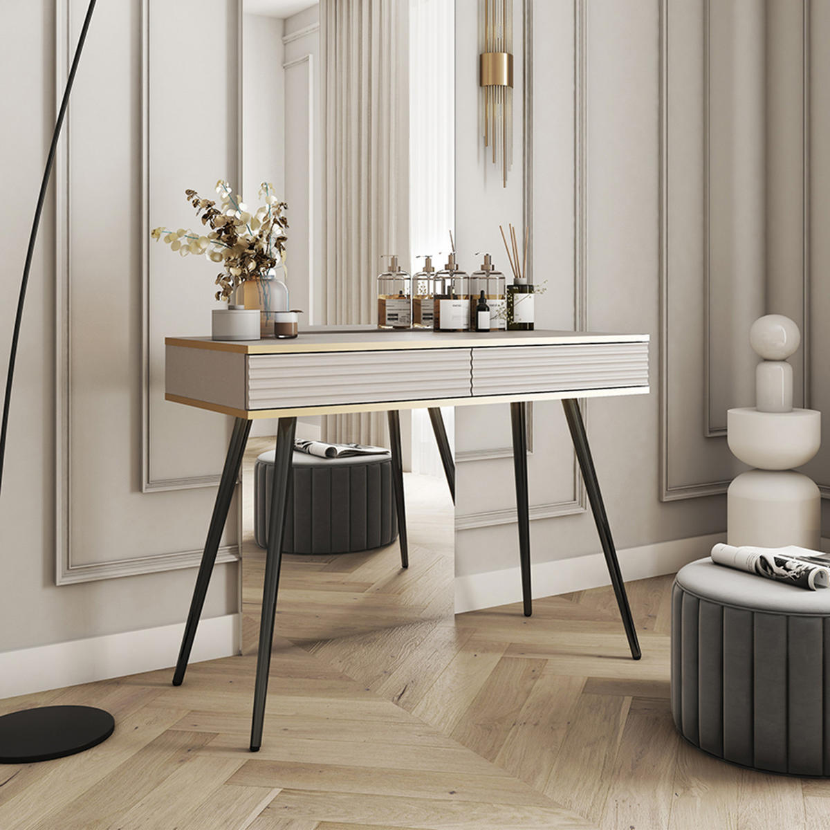 KONSOLENTISCH FORNO (Beige, Rillenfront, Goldene Details, 2 Schubladen, schwarze Metallfüße, 102 cm) - Beige/Schwarz, Holz/Holzwerkstoff (50/102/80cm) - Ravio