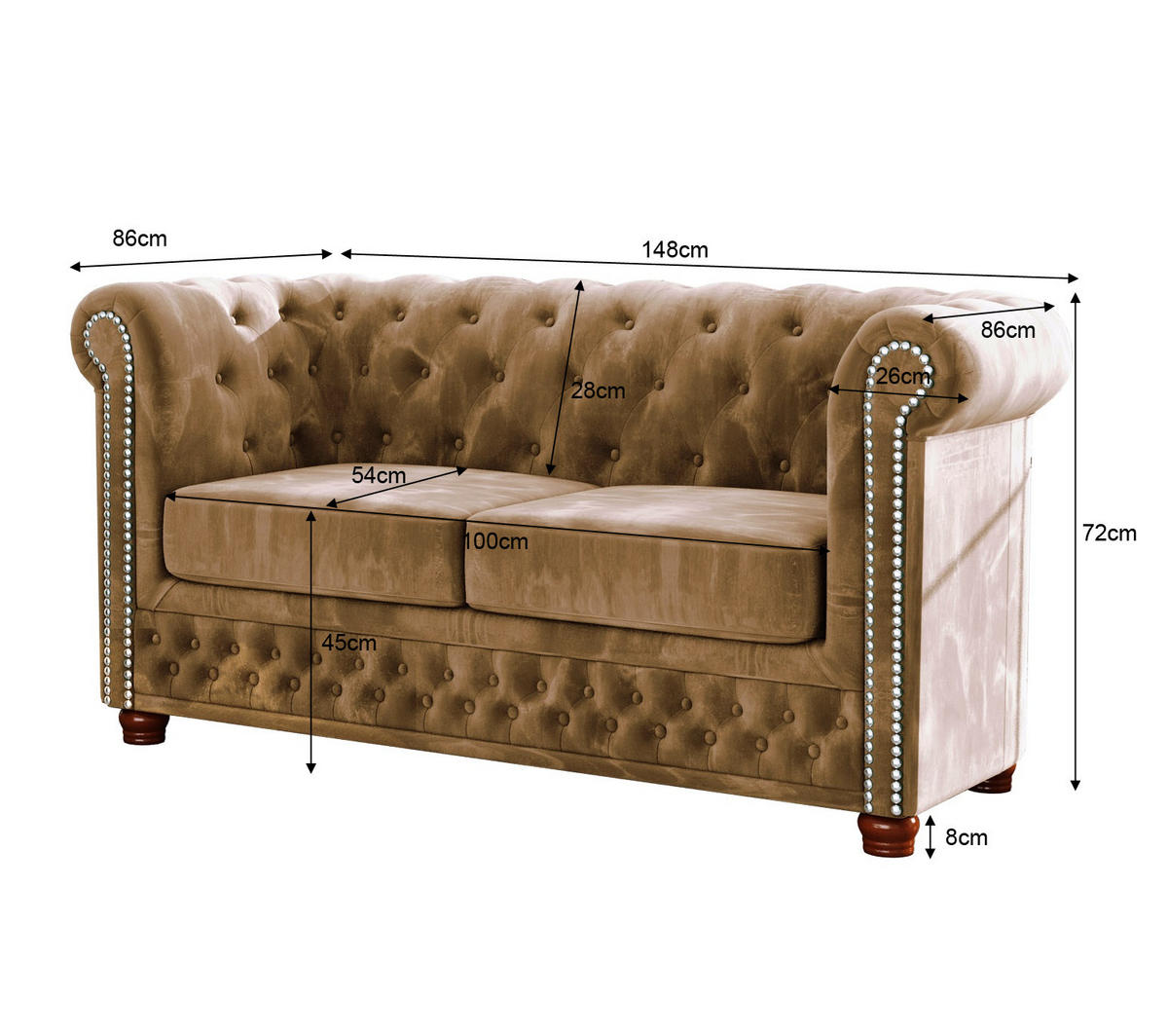 CHESTERFIELD-SOFA 2-sitzer Lauren Beige Samt - Beige/Braun, Holz/Textil (148/72/86cm) - S-Style Möbel