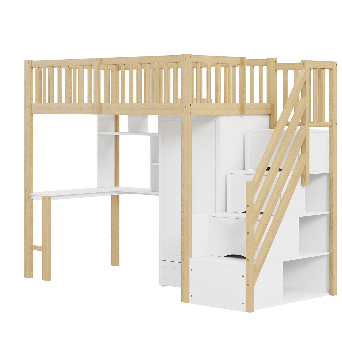 VYVÝŠENÁ posteľ, 90/200 cm masívne drevo biela/prírodná, so skriňou, stolom a schodmi so zásuvkami - prírodná farba, drevo (90/200cm) - BEAOK