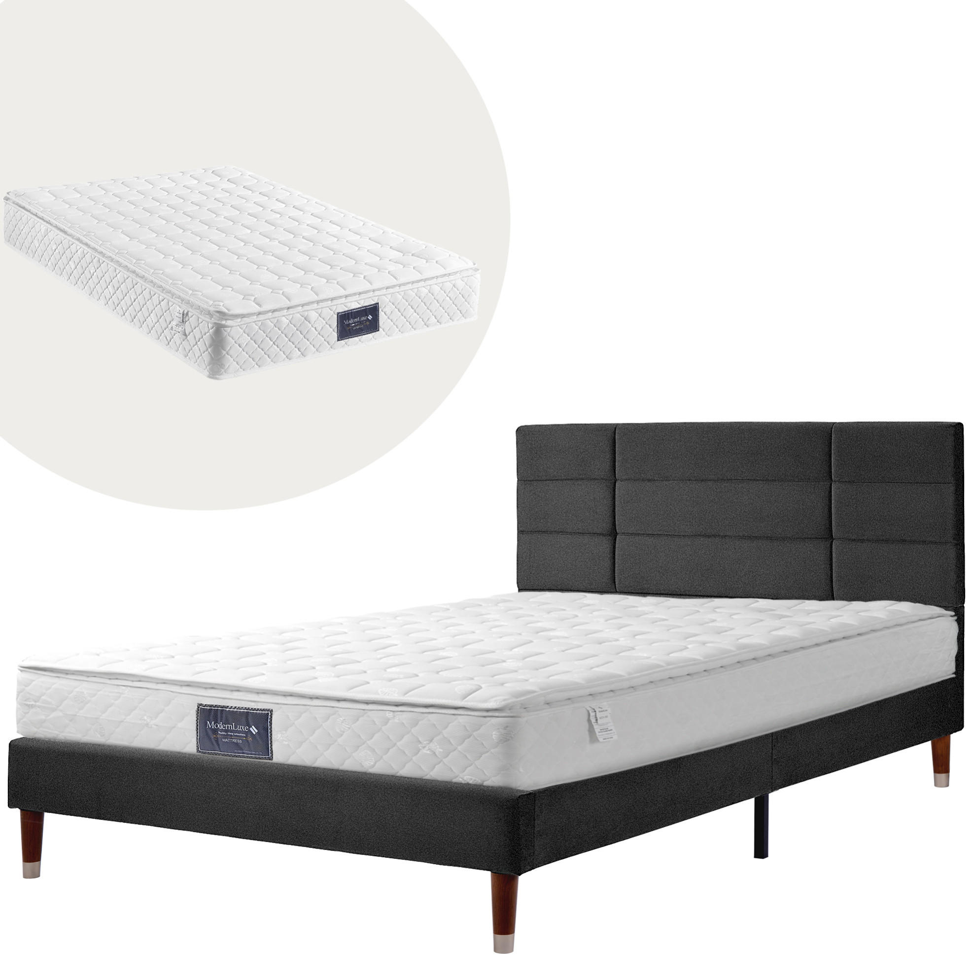 Modfu ČALOUNĚNÁ postel z masivního dřeva 140x200 cm černá s lamelovým roštem a pružinovou matrací, s úložným prostorem