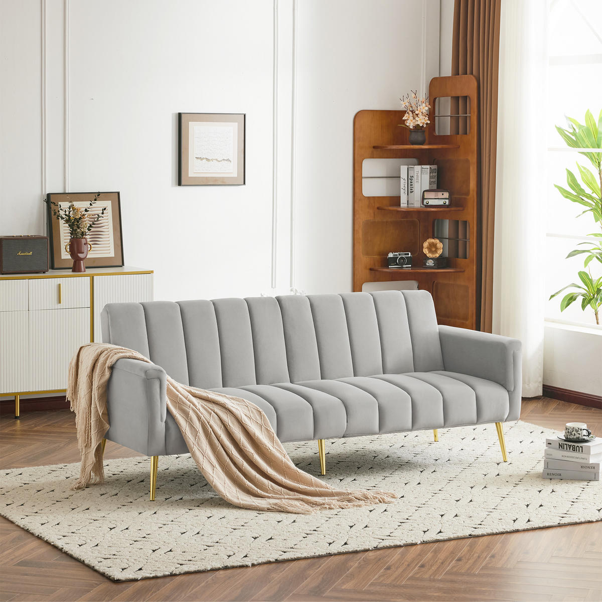 SCHLAFSOFA klappbar mit Hilfsfüßen und Samtstoff - Grau, Textil (183/75/76cm)