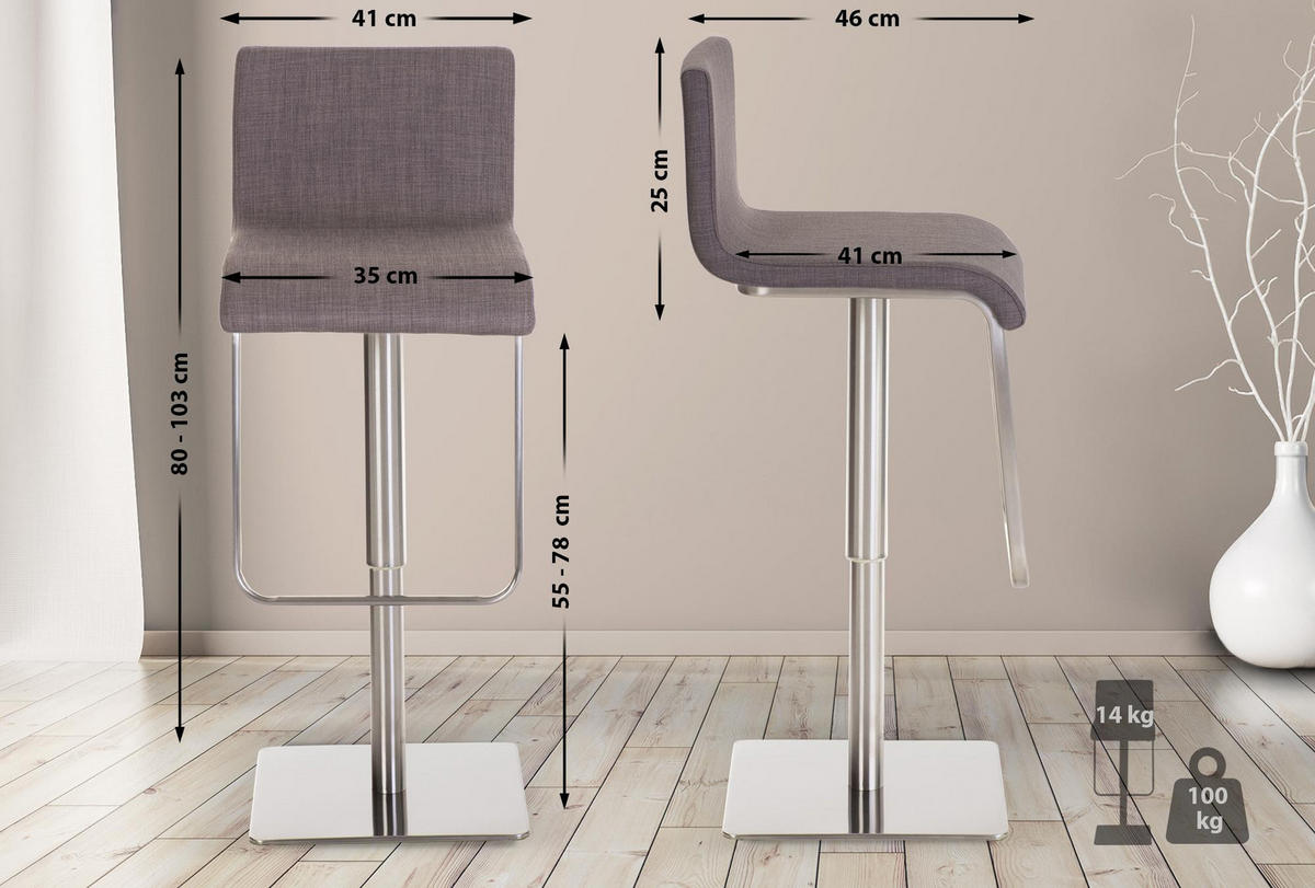 BARHOCKER Stoff grau - Edelstahlfarben/Grau, Textil/Metall (41/80/46cm) - CLP